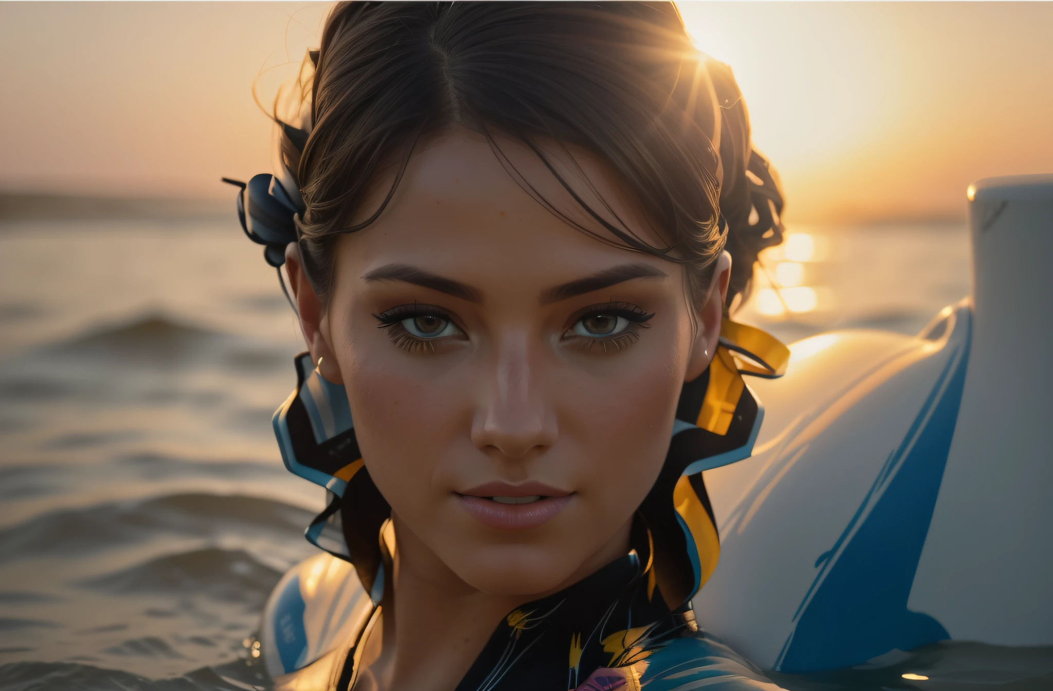 A closeup of a woman in a graffiti wetsuit close-up portrait of a beautiful woman (gldot) bathing in a river, reeds, (backlight), realistic, masterpiece, high quality, lens reflection, shadow, flower, [[chromatic aberration]], by Jeremy Lipking, by Antonio J. Manzanedo, digital painting,