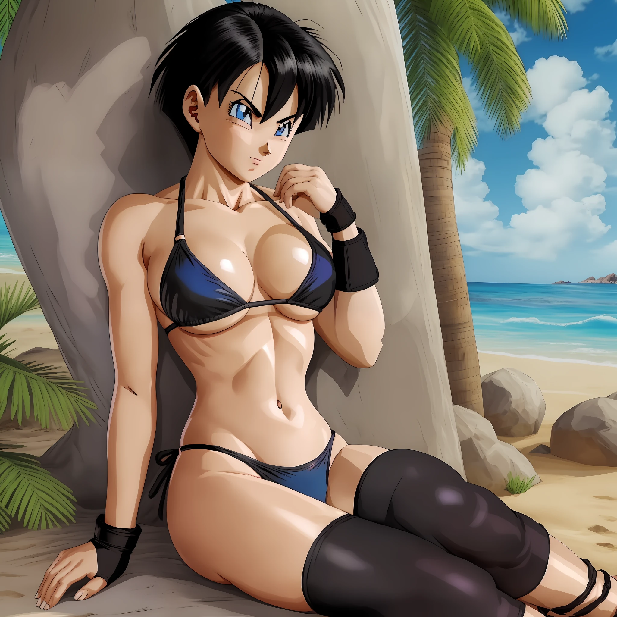 Videl gorgeous 1girl anime, on the beach in black thong bikini super realistic and well detailed