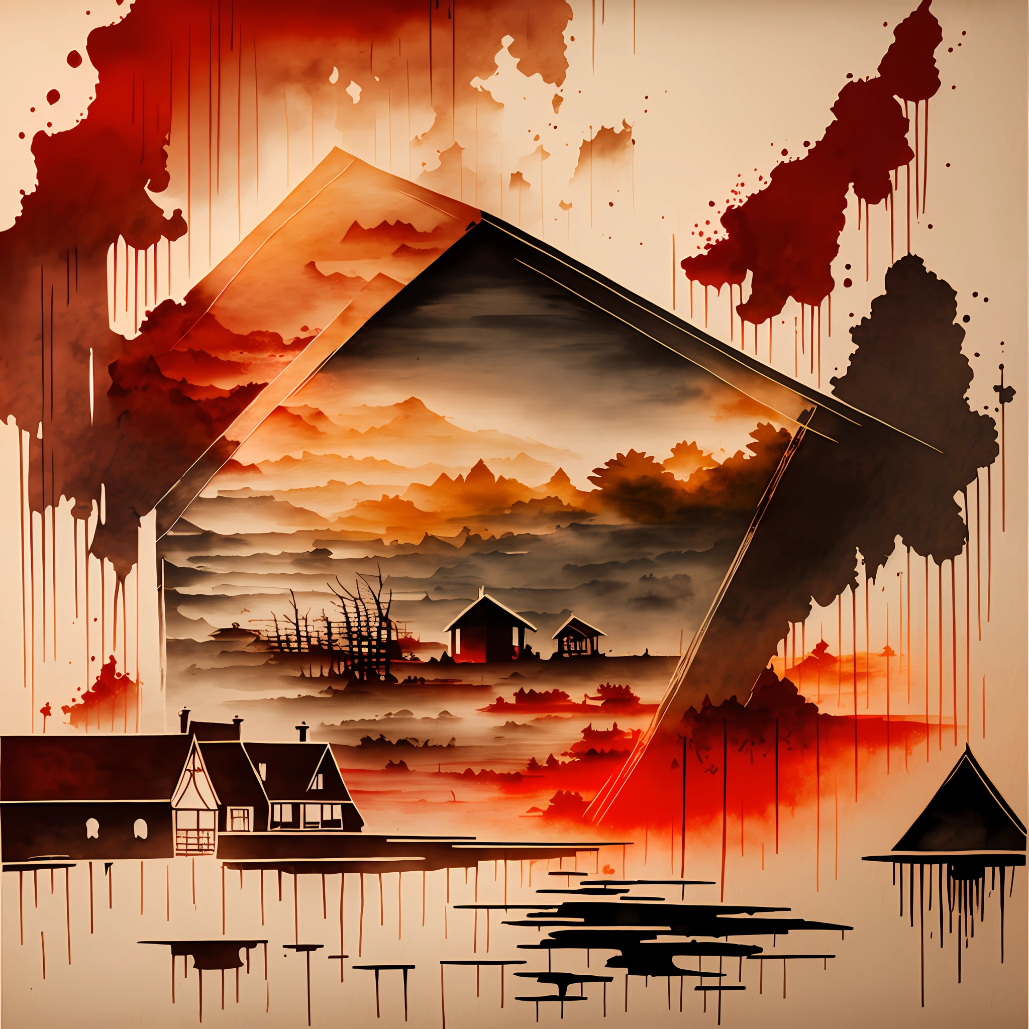 muted ink painting, muted colors, rice paper texture, splash paint, burning horizon, woman's silhouette, red sun, Old cottage, Lakeside, Morning light, Clouds wet to wet techniques, highest quality --auto --s2