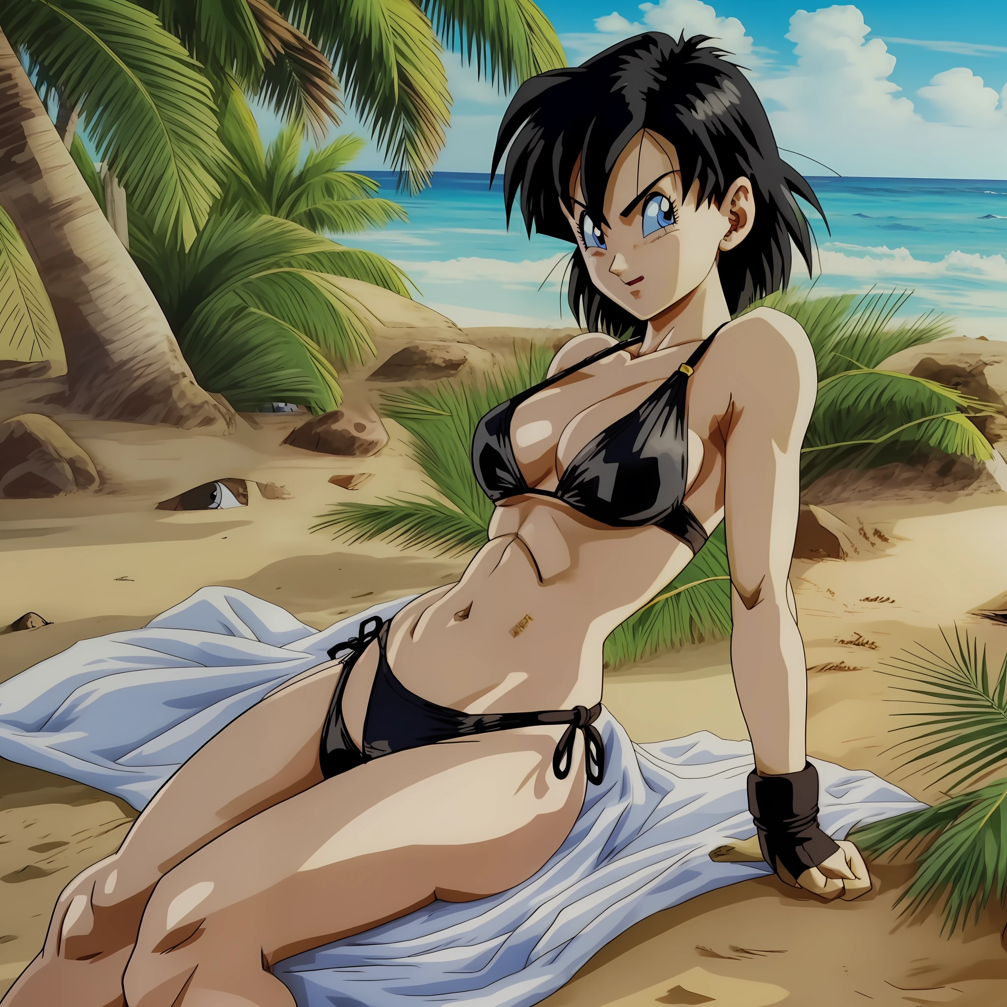 Videl gorgeous 1girl anime, on the beach in black thong bikini super realistic and well detailed