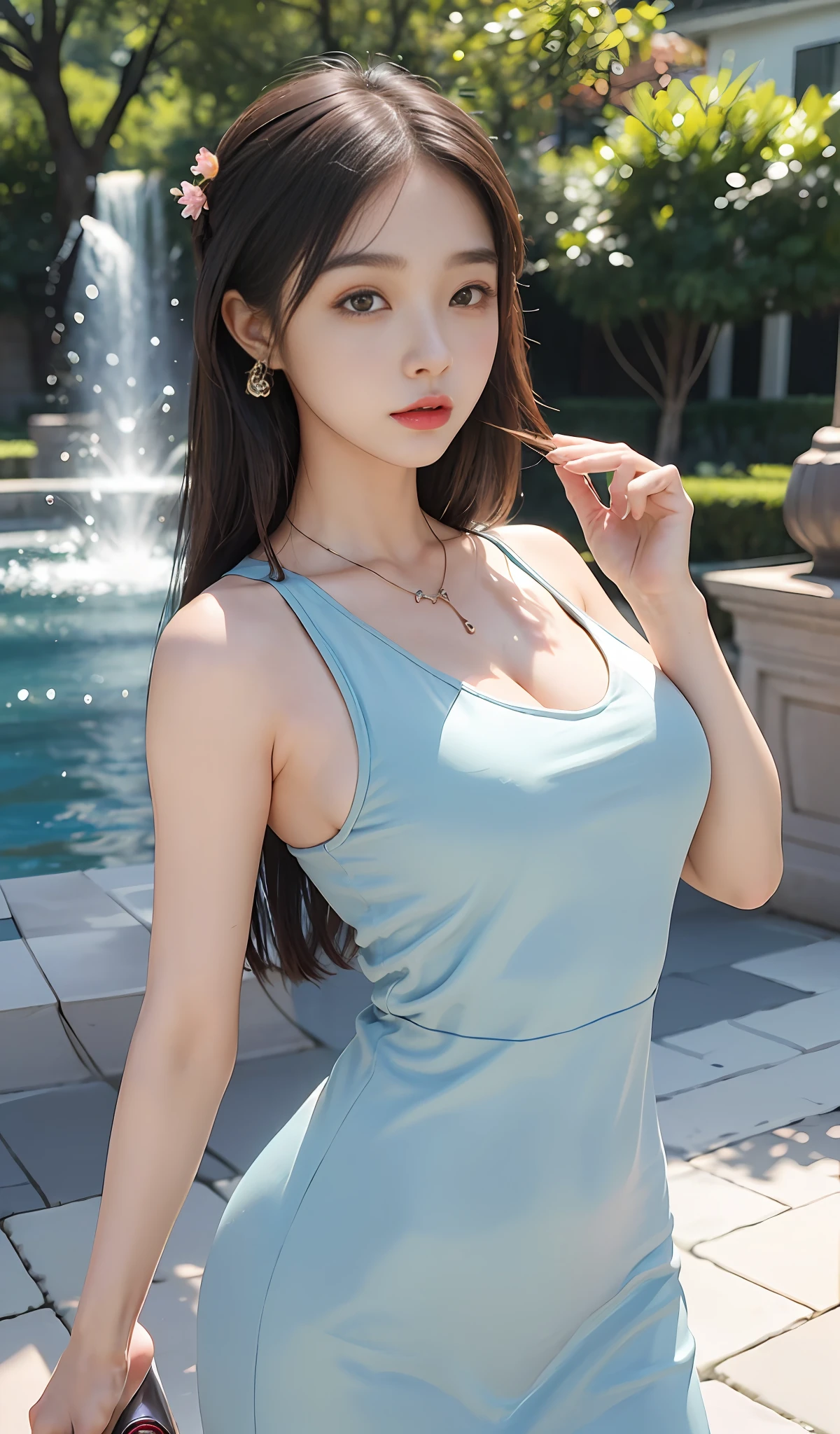 Close-up of a woman in dress near the fountain, gorgeous young korean woman in tank top, beautiful korean woman, korean girl, beautiful korean young woman, beautiful asian girl, tight tank top, korean woman, asian girl, beautiful asian woman, good young girl, blazing sun, top, hair accessories, necklace, jewelry, attractive girl, (hairstyle casual, no leakage of big breasts: 1.3), perfect figure, perfect proportions, S-shaped body, double eyelids, big eyes, pink lips, dimples, Shiny skin, sweat, huge buttocks, dynamic posture, from the side