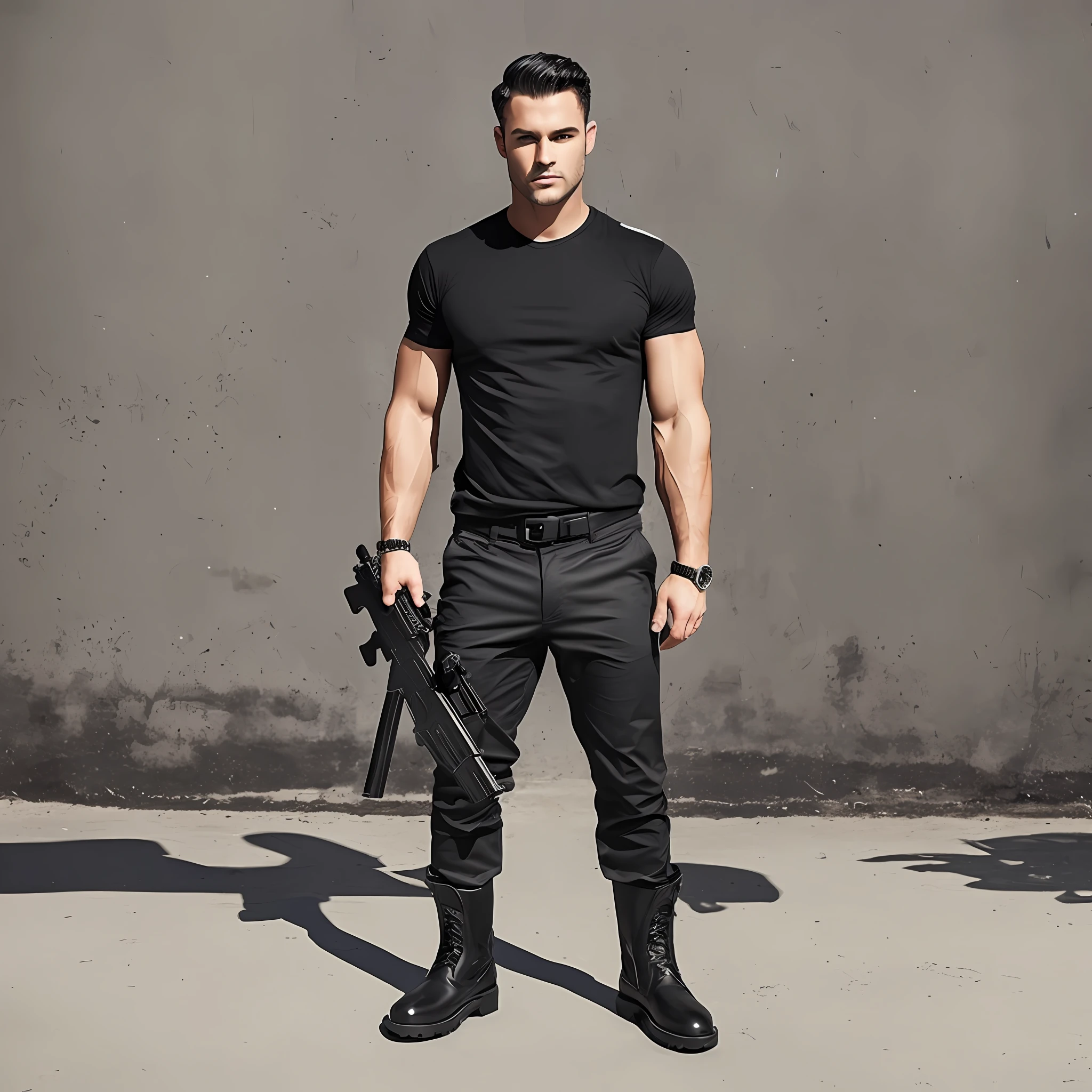 ((man)) short haired, black (no beard), black T-shirt, white pants with full-body boots, with a rifle --auto --s2