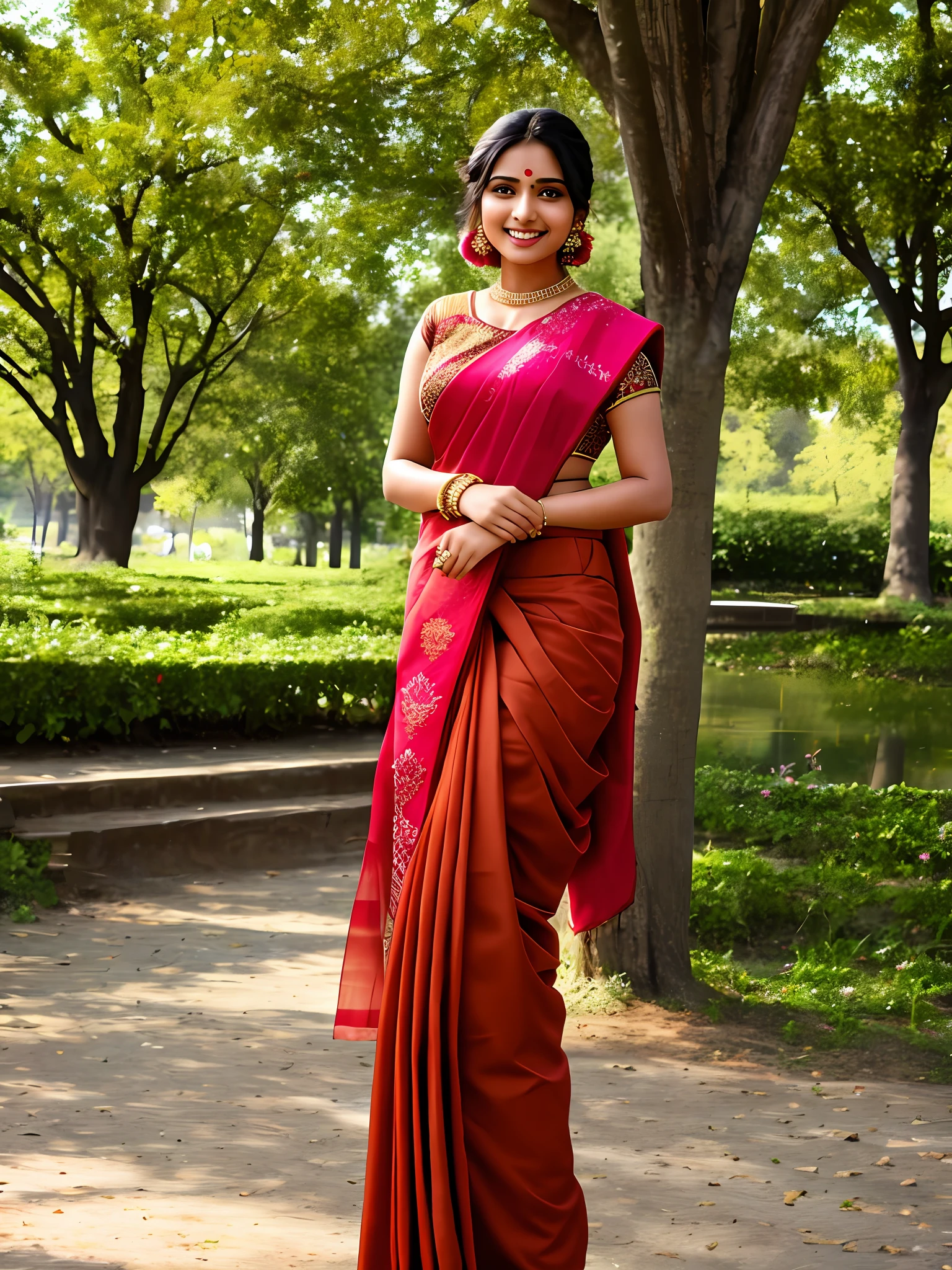 Beautiful indian wearing marron saree standing in the park and smiling