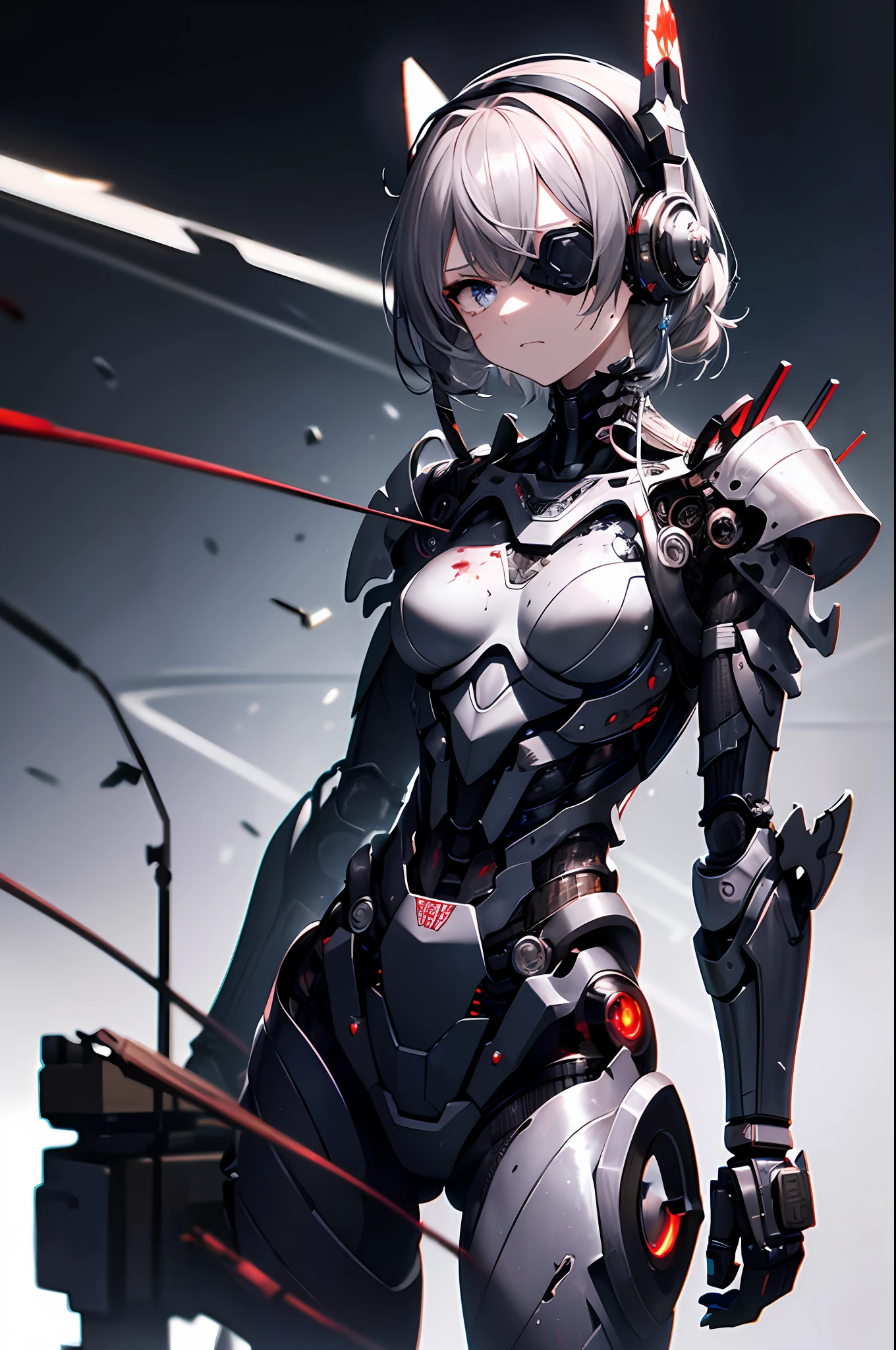 Top quality, masterpiece, super detailed, very delicate 8k wallpaper, dramatic lighting, mechanical girl, gray hair, broken headgear, (broken exoskeleton suit), mechanical joints, broken mechanical limbs, angry, cracked armor, (one eye is torn off: 1.3), (severe damage: 1.5), dirty, (one eye is mechanical), battered body, wires stick out, internal mechanisms are visible, (blood tears: 1.4),