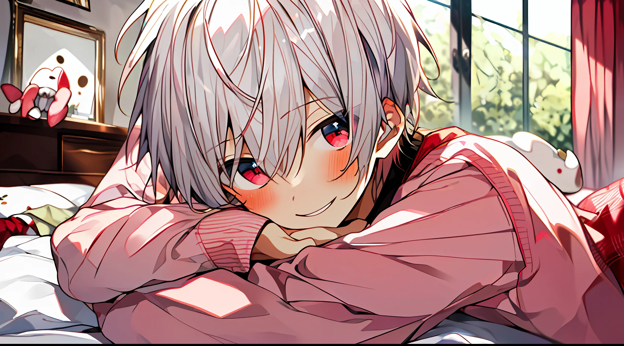 ((masterpiece)),(((best quality))), (high-quality, breathtaking),(expressive eyes, perfect face), 1boy, solo, male, short, young, small boy, short white hair, red eyes, smiling, blushing, long sleeve sweater, short shorts, indoors, lying on bed, stuff animal, cute, pink, sweet, close up