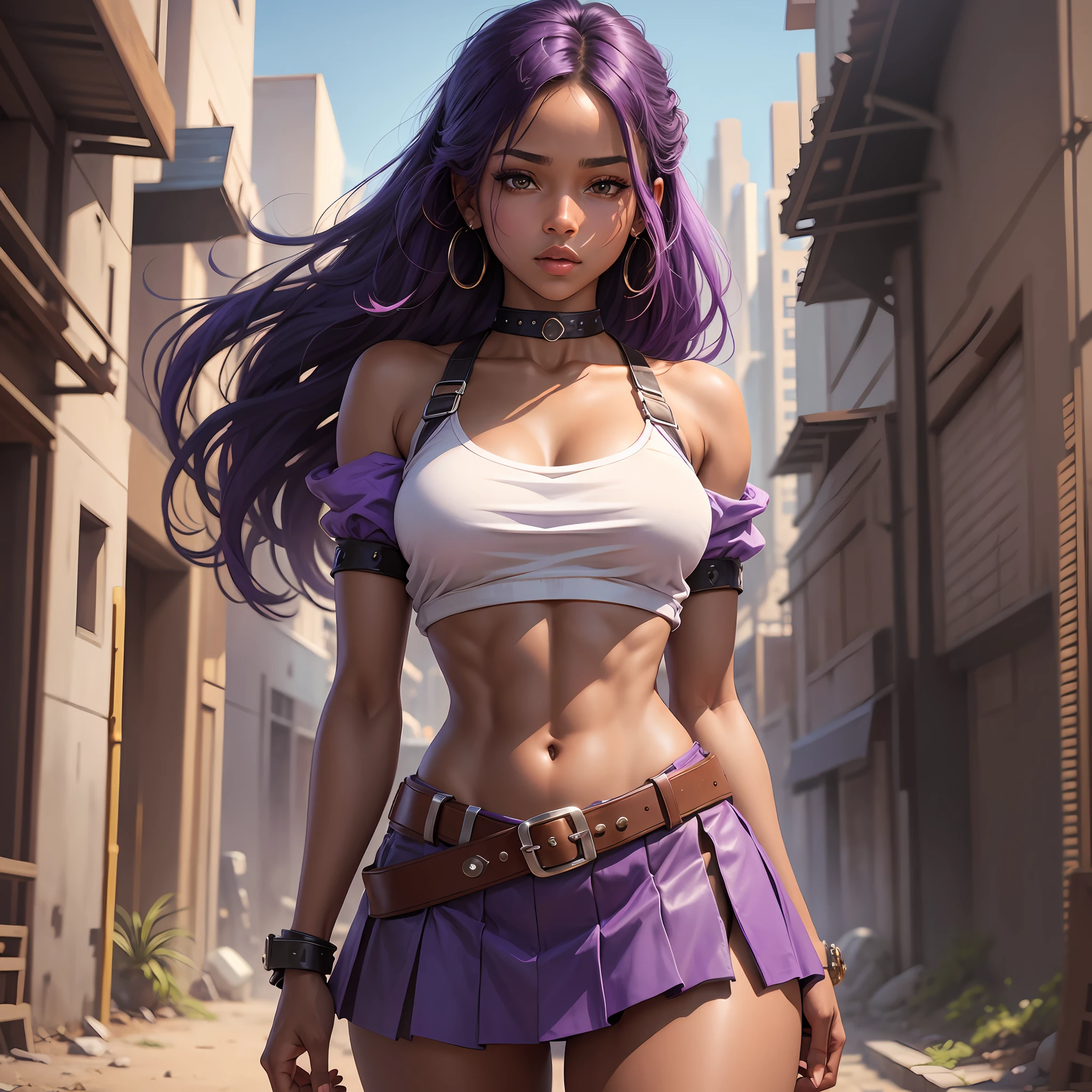 masterpiece, best quality, highres, sf1, midriff, purple skirt, crop top, purple thighs, bare shoulders, medium breasts, belt, cowboy shot, standing, ULTRA RESLISTA, CINEMATOGRAPHIC, BLACK SKIN --auto --s2