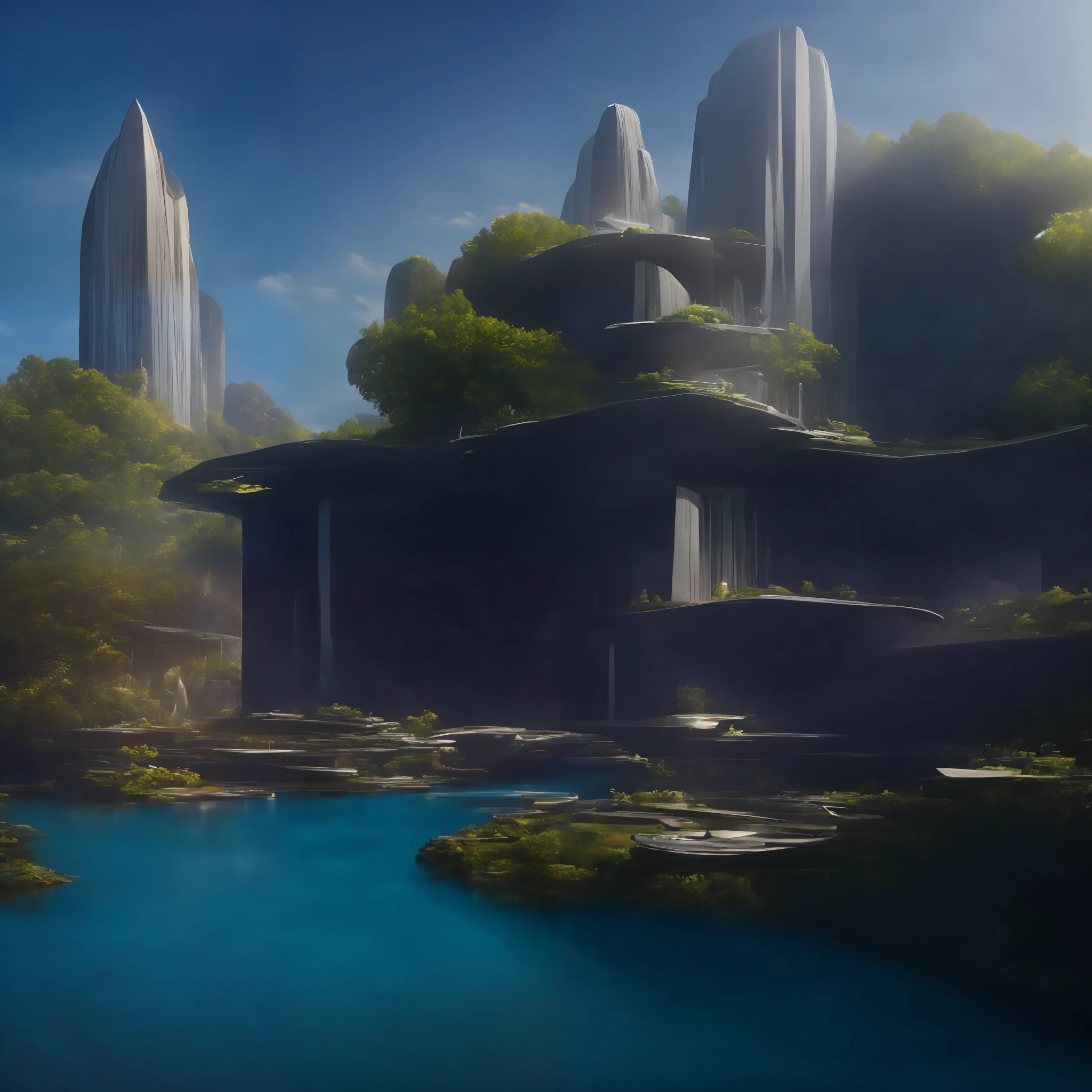 modern futuristic design large hindu temple with lots of Bell's, sacred design in the rocks, a artificial waterfall and a pond with colorful flowers in the middle, nature meets architecture, built around blue pond, realistic beehive architecture, organic architecture, very close to real nature, breathtaking render, temple with cave, stunning architecture, luxury architecture, realistic fantasy render, by Zha Shibiao, epic and stunning, architectural visualization, epic architecture, concept art. 8 k