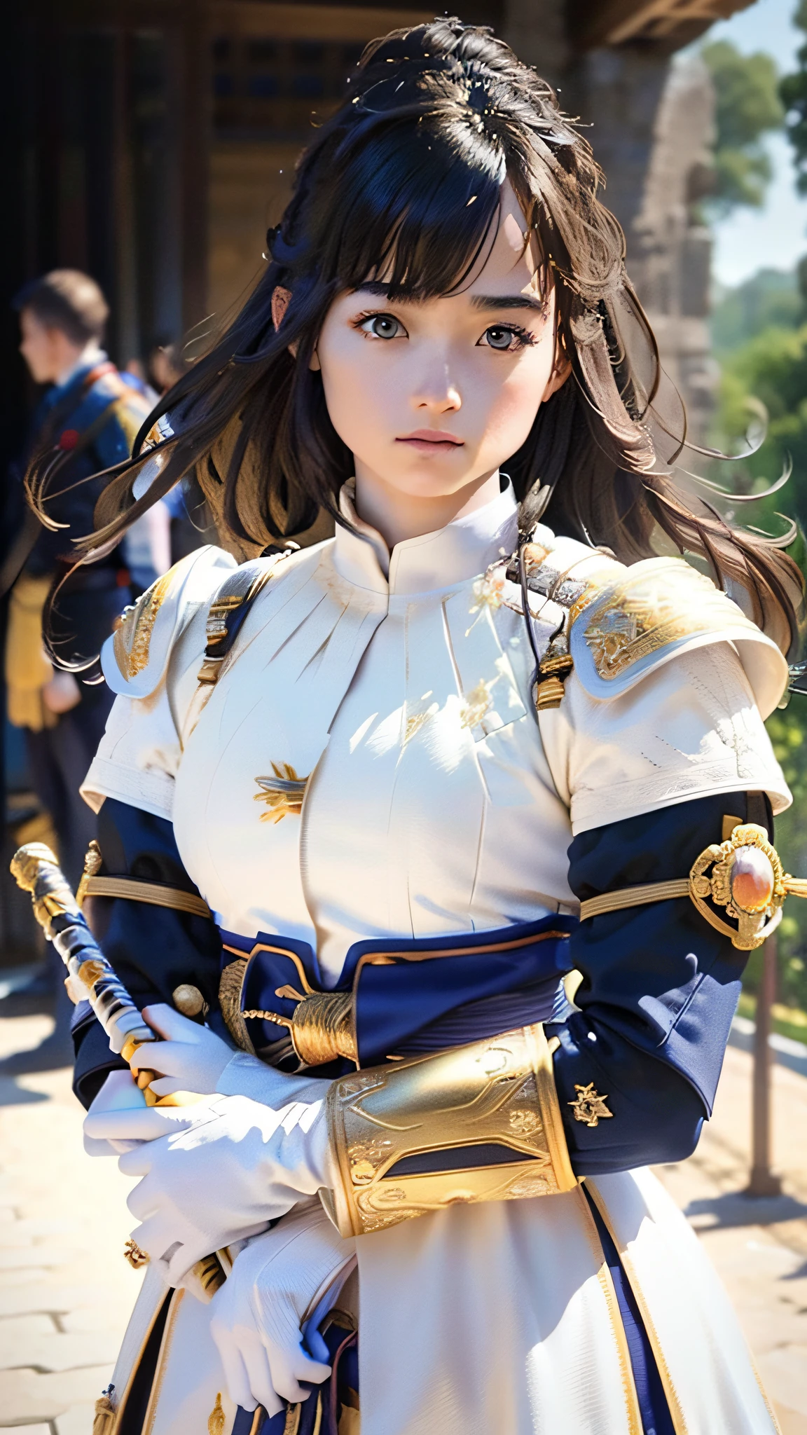 ((Best quality)), ((masterpiece)), (highly detailed:1.3),muskateer,armor,In a land plagued by the ravages of war, the destiny of a beautiful woman unfolds. Born into a humble life as a peasant in a rural village, she possesses a spirit that burns with determination and resilience. But when the drums of conflict echo through the land, her path takes an unexpected turn.Drawn by the call to defend her people, she is chosen to join an elite military order known as the Musketeers. Adorned in the fabled armor of the order, she emerges as a symbol of hope and strength. The images in this series showcase the journey of this remarkable woman as she embraces her newfound role and faces the trials of battle.The details of her armor are meticulously crafted, reflecting both functionality and (beauty:1.2). The images highlight the (intricate engravings:1.2), the gleam of (polished metal:1.2), and the (ornate:1.4) embellishments that adorn her protective gear. From the (majestic:1.2) plume atop her helmet to the delicate filigree on her breastplate, every aspect of the armor tells a story of honor and heritage.As the young musketeer ventures into the realm of warfare she wields her weapon with a combination of grace and strength, showcasing her skill in the art of combat. Each image captures a pivotal moment, freezing time to display the determination in her eyes, the whirlwind of action around her, and the ethereal glow of magic interwoven with her strikes.But the story extends beyond the battlefield. The images also delve into the personal struggles, friendships, and sacrifices that shape her journey. They reveal quiet moments of reflection, as she contemplates the weight of her duty and the toll of war upon her soul. Through the series, we witness her growth as she finds her place among her comrades, forging unbreakable bonds that transcend the chaos of battle.Within the tapestry of this fantastical world, the young musketeer's story unfolds. She embodies courage, resilience, and the indomitable spirit of those who rise above their circumstances. The images invite the viewer to witness her evolution from a humble peasant to a valiant defender, highlighting both the external transformation and the internal strength that propels her forward.As you bring this series of images to life, pay close attention to the intricate details of her armor. Let it become a visual representation of her journey, a tangible symbol of her growth and determination. May the beauty and power of the musketeer's tale inspire both awe and admiration, reminding us all of the strength that resides within us, waiting to be unleashed,HDR (High Dynamic Range),Ray Tracing,NVIDIA RTX,Super-Resolution,Unreal 5,Subsurface scattering,PBR Texturing,Post-processing,Anisotropic Filtering,Depth-of-field,Maximum clarity and sharpness,Multi-layered textures,Albedo and Specular maps,Surface shading,Accurate simulation of light-material interaction,Perfect proportions,Octane Render,Two-tone lighting,Low ISO,White balance,Rule of thirds,Wide aperature,8K RAW,Efficient Sub-Pixel,sub-pixel convolution,luminescent particles