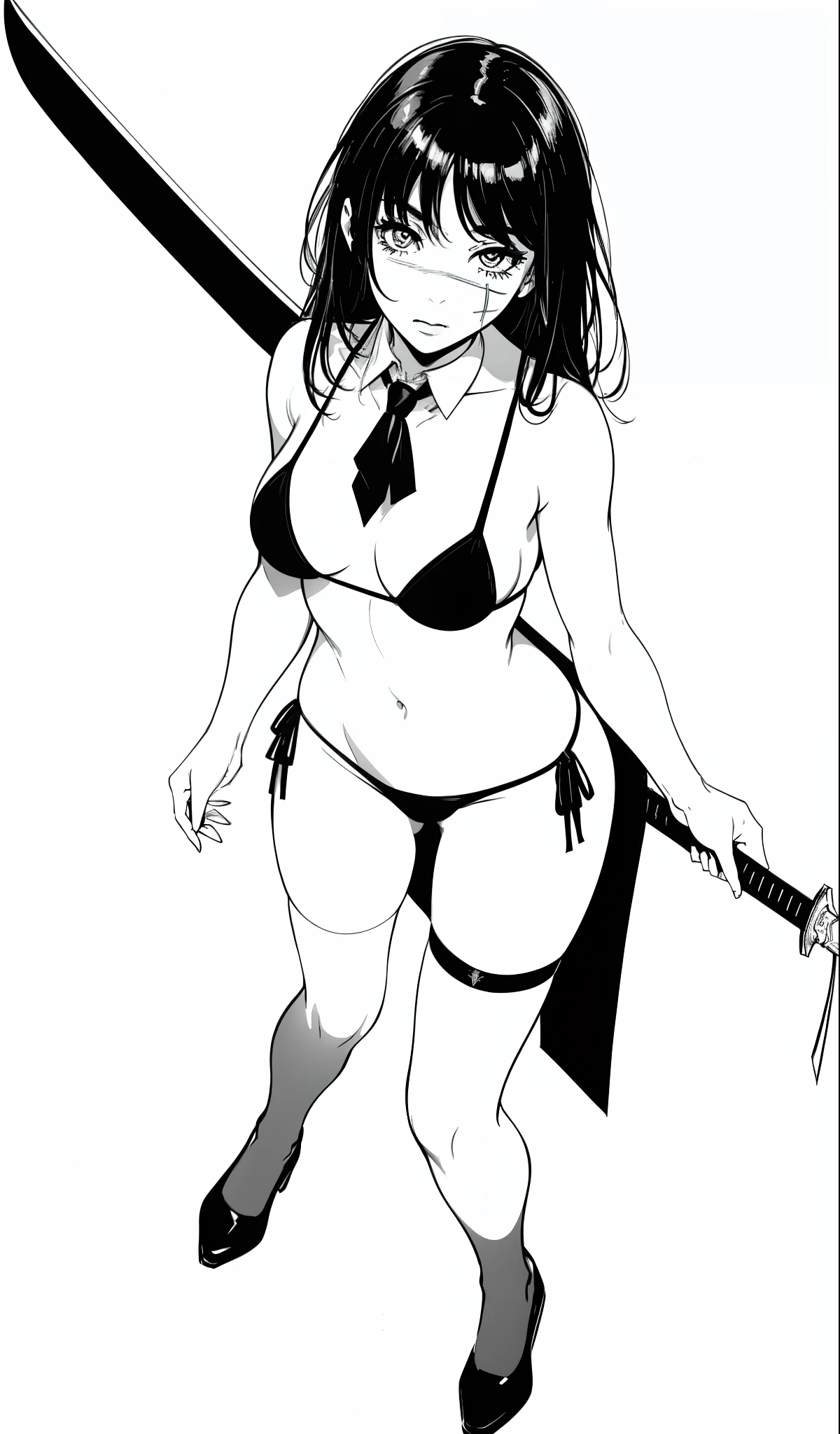1girl, posing, sexy, bikini, ((micro bikini)), full body, lineart, monochrome, scar, school stockings, white background, bottomless, best quality, good anatomy, perspective from above, black hair, designs, sword in hand