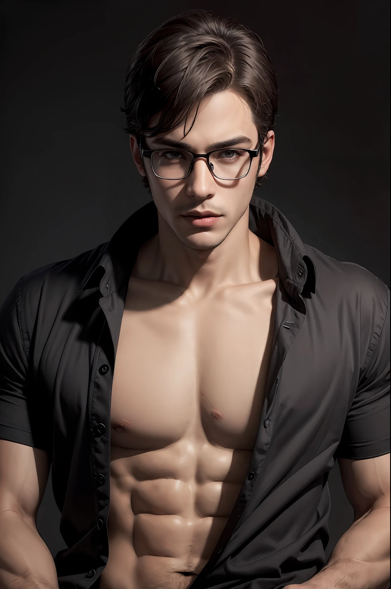 sexy boy with glasses, handsome man.  40k, photography, masterpiece, best quality, dark gray background.