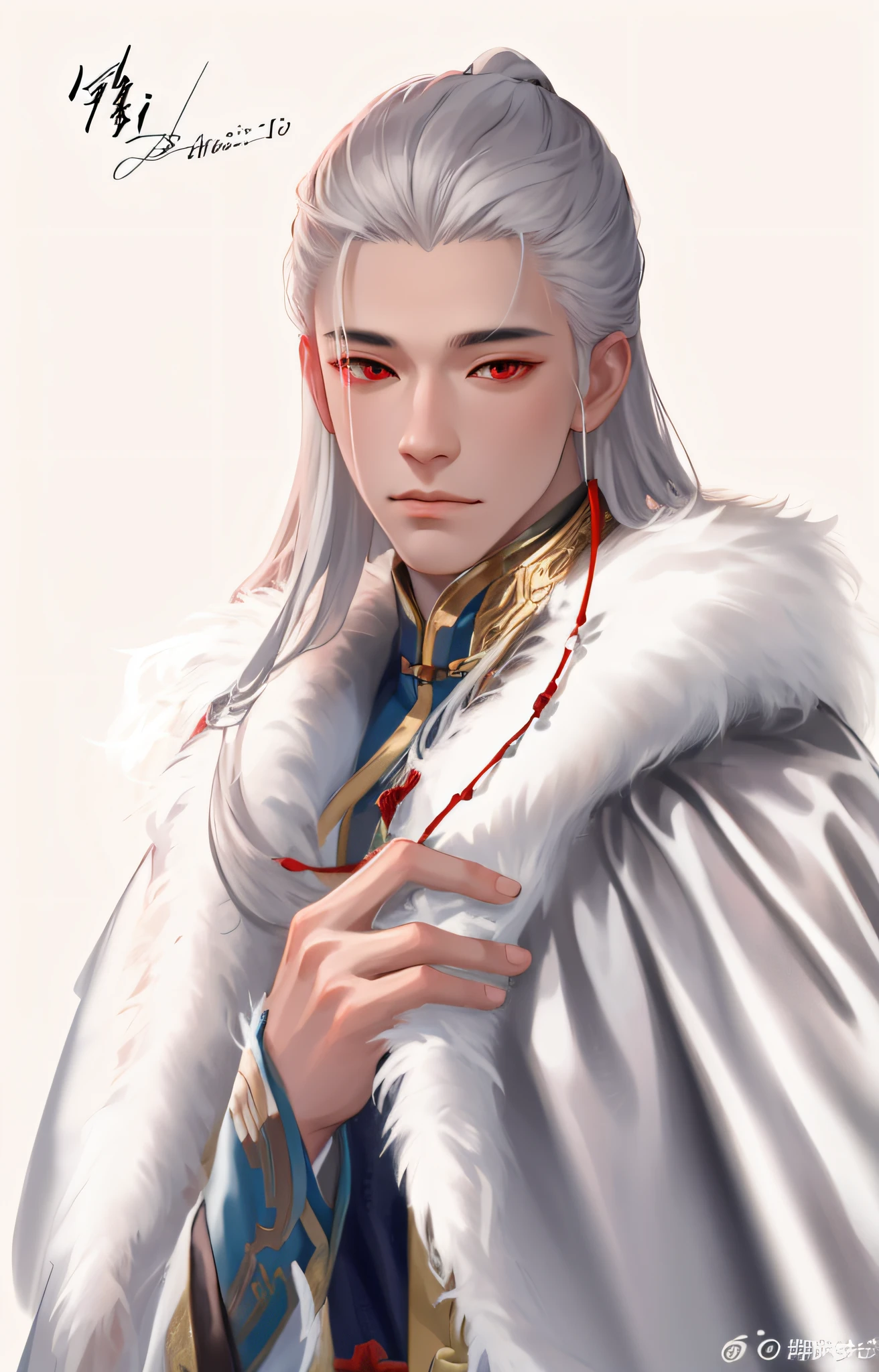 nsfw, masterpiece, best quality, ultra-detailed, semi-realistic, detailed facial features, 1boy, white hair, long hair, red eyes, wearing xianxia ancient clothes