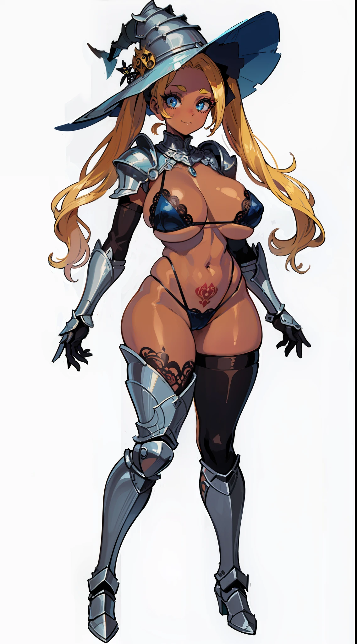 "(masterpiece), best quality, NSFW,
1girl, (80s anime style:1.5), (eyelashes:1.5),
(intricate high detailed body:1.2),
yellow hair,
(forehead:1.2), (wavy twintails:1.1),
blue eyes,
(dark skin:1.2), (curvy body:1.2),
(huge breasts:1.2),
(thick eyebrows:1.1),
grin,
(lace bikini armor, tatoo:1.2),
(knight armor, armored boots:1.2),
(see-through pantyhose:1.1), gloves, witch hat,
(dynamic pose1.1),
(full body1.1),
(simple white background:1.3)"