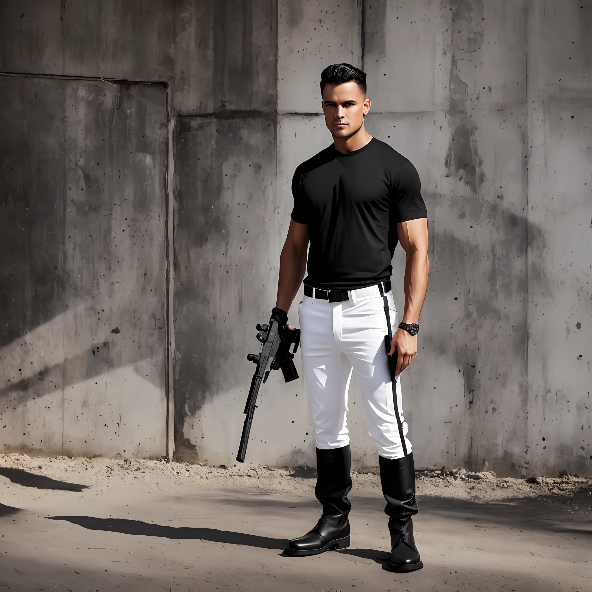 ((man)) short haired, black (no beard), black T-shirt, white pants with boots (full body) with a rifle --auto --s2