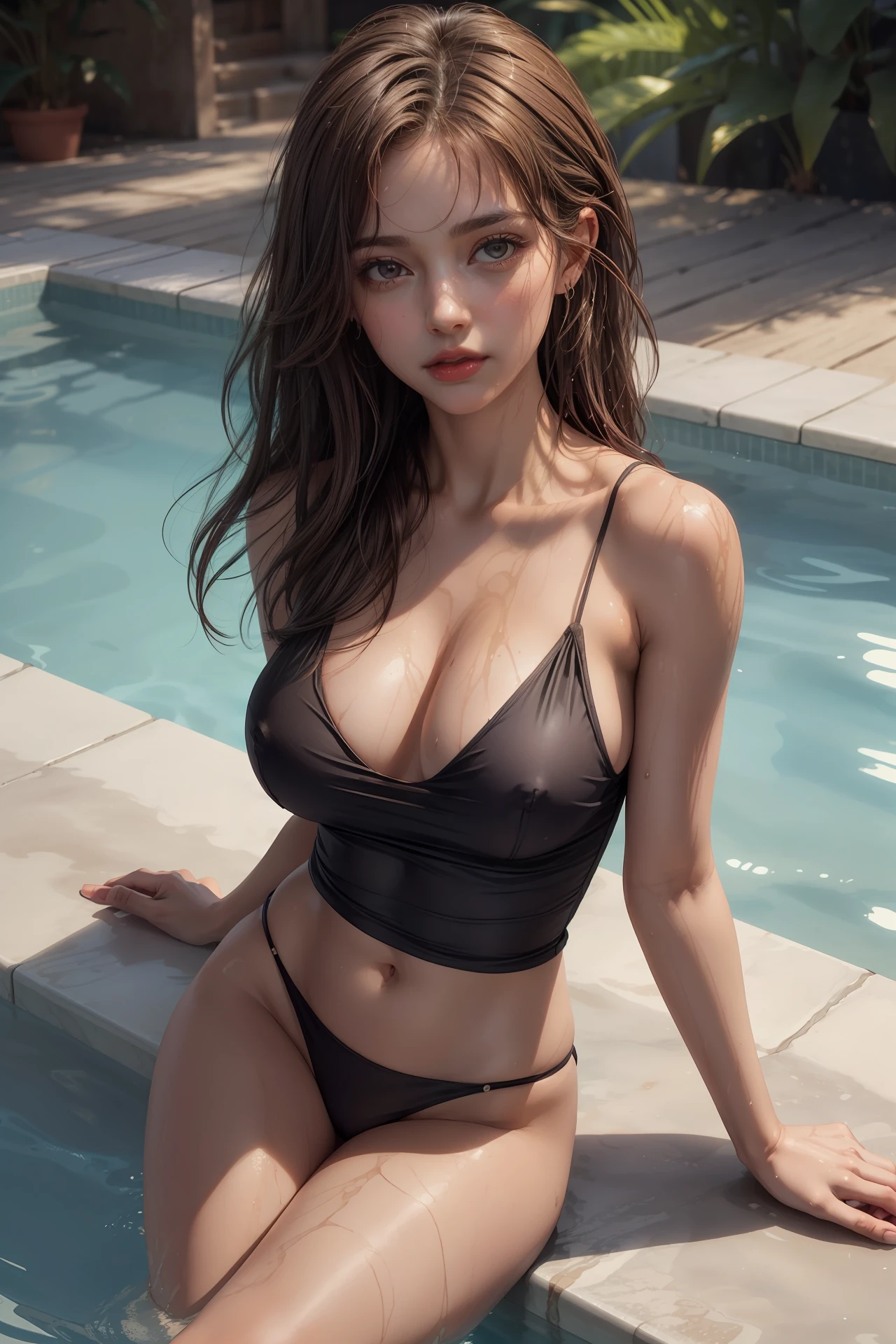 upper body photo of a young girl in the water, black tight cami, pale skin, (((erect nipple))), Bangs, Bare Shoulders, black tight(short:1.37)panties, beautiful big breasts, Breasts squeezed together, on water, sitting in the pool edge, detailed pool background, Hair between the eyes, Long hair, oval face, double eyelids, Parted lips, brown eyes, solo, ((areolas)), (cleavage), armpit[wrinkles], delicate and sexy(collarbone:1.3), light brown hair, (Shiny skin:0.8),(Masterpiece:1.4),(Best quality:1.4), Natural(medium breasts:1.35), Shiny Red lips, Perfect abs, (sheer areola), ((sheer fabrics)), wet(sweaty, soaked), low angle, (from below angle), high detailed skin, skin pores, (sfw)