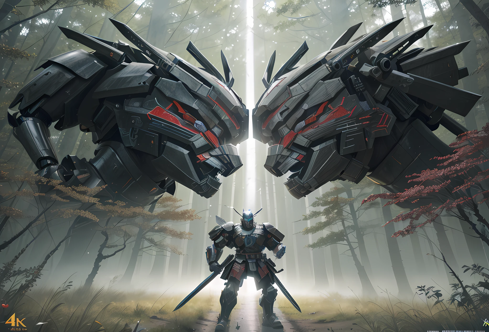 (RAW photo, 4k, masterpiece, high resolution, extremely complex) (realistic: 1.4), a samurai, dark forest, giant sword, fearless, battle, warrior, cinematic lighting, robotic armor, transformers, mecha robot, image size 2560 x 1080 --auto --s2