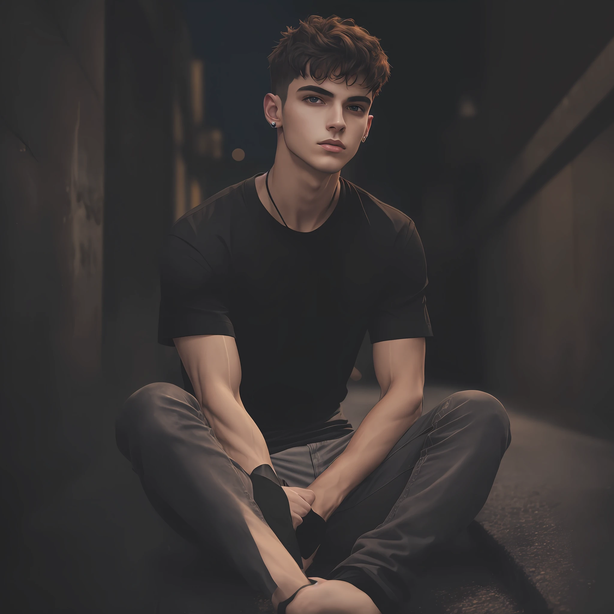 Photo model young man with black t-shirt, sitting, fashion, soft lighting, vibrant colors, masterpiece, ((streets)), night, detailed face --auto --s2