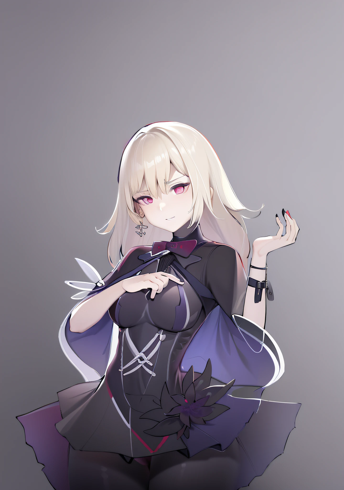 White hair, red eyes, black skirt, purple flowers around the waist, beautiful girl, two-dimensional, flat paint