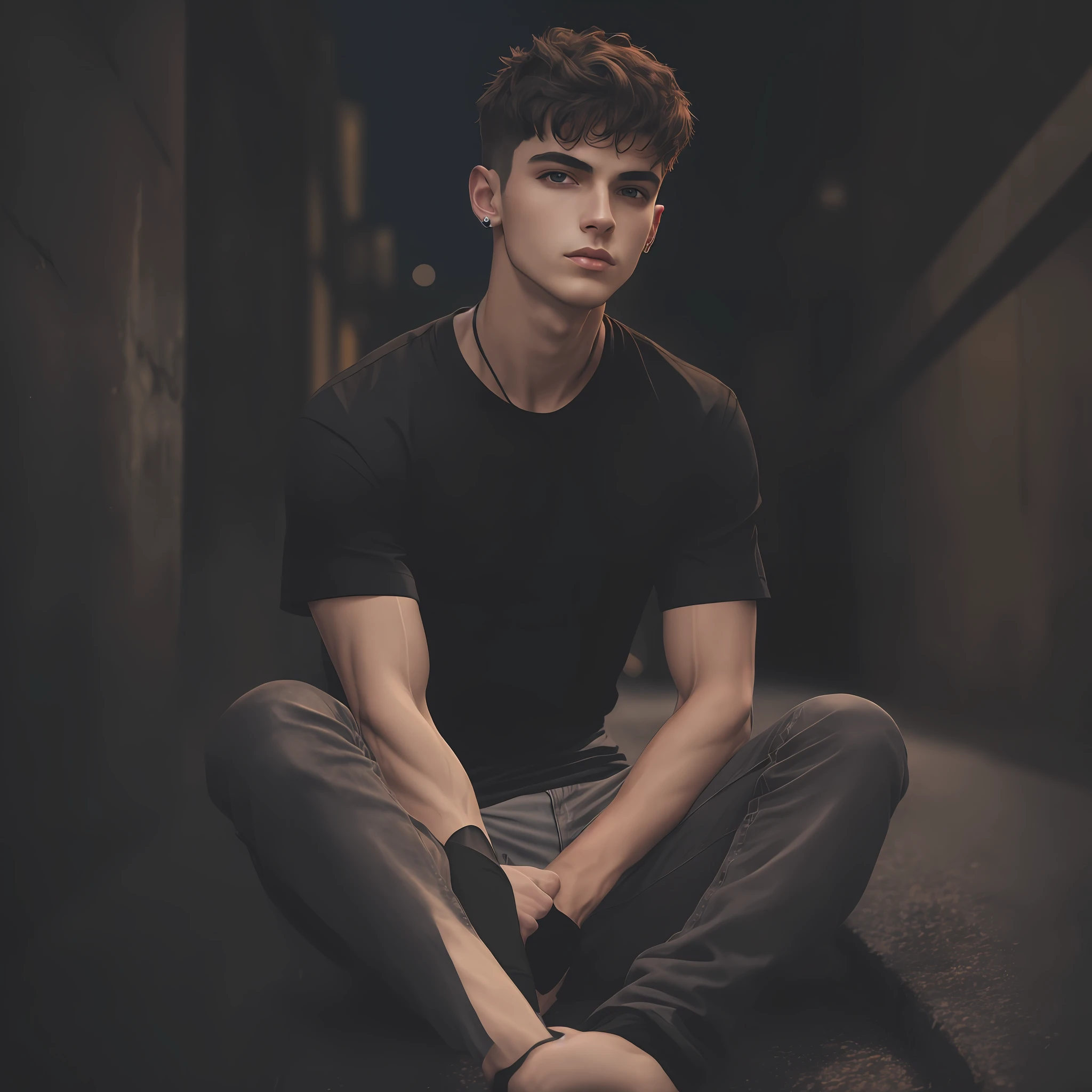 Photo model young man with black t-shirt, sitting, fashion, soft lighting, vibrant colors, masterpiece, ((streets)), night, detailed face --auto --s2