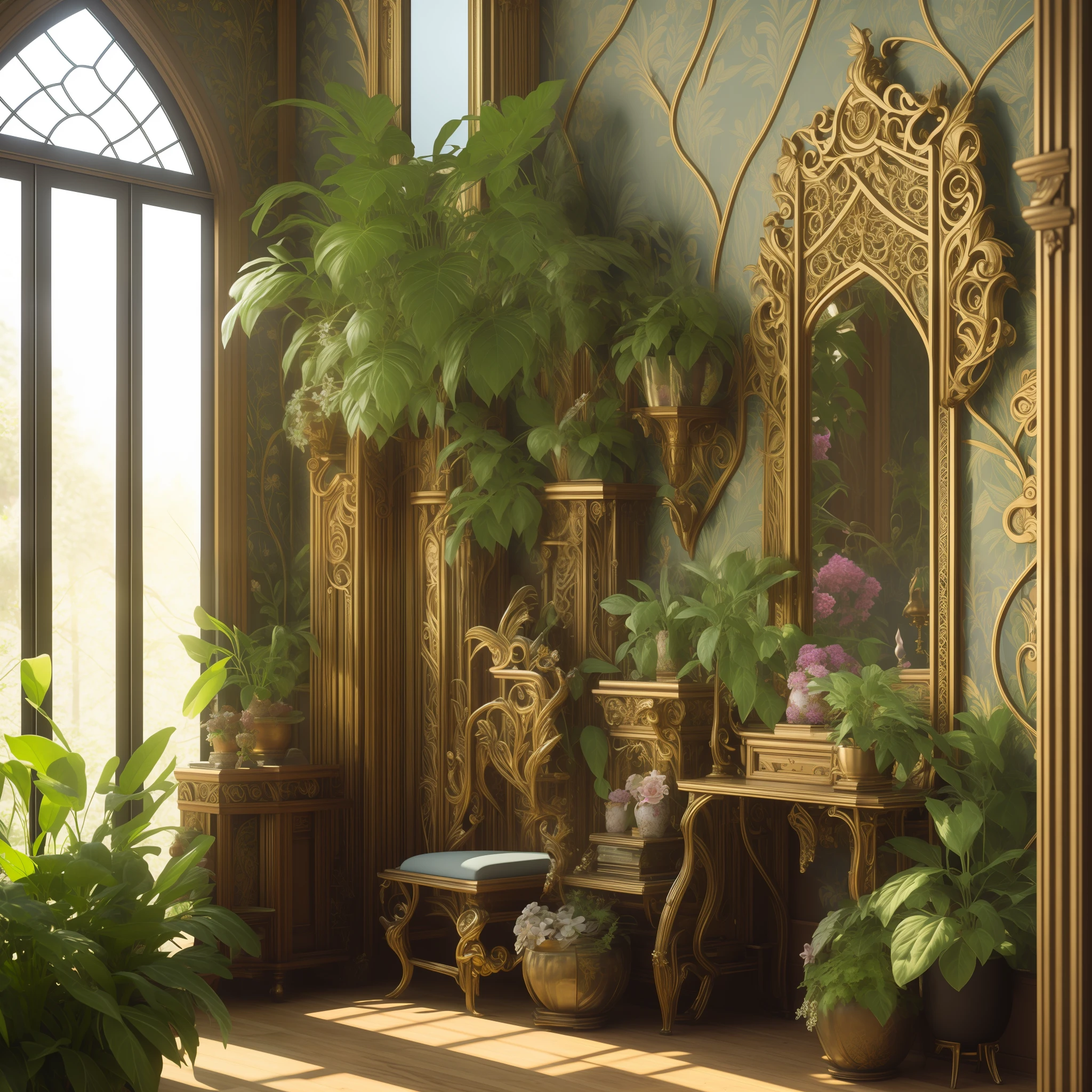 Fantasy, award-winning masterpiece with incredible details, epic quality, 4k resolution, Architectural digest photo of maximalist green {vaporwave / steampunk / solarpunk} ((elf bedroom)) with flowers and plants, golden light, carved elven furniture, mirror on the wall, ornate details, walls covered with openwork carvings, photorealism, hdr