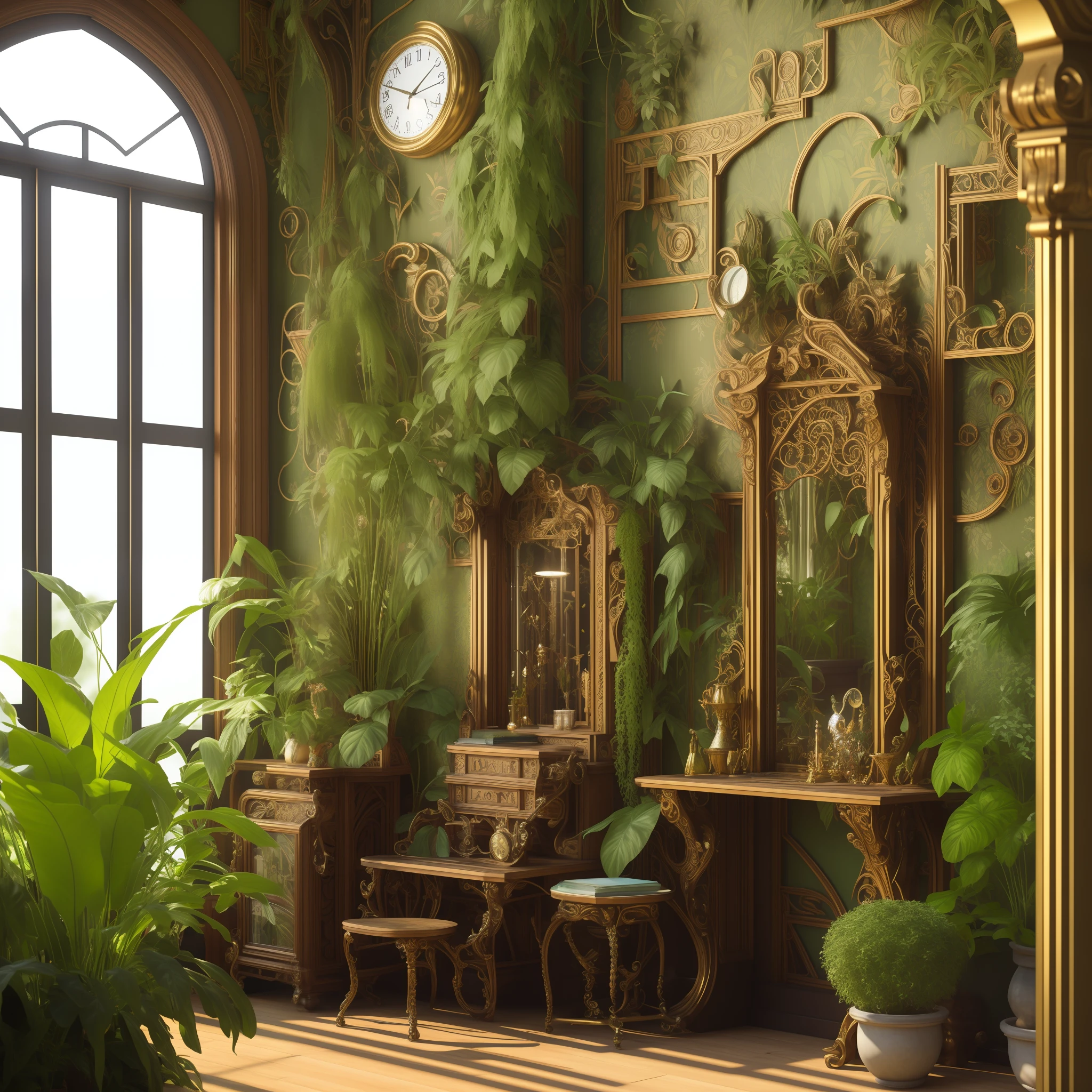 Fantasy, award-winning masterpiece with incredible details, epic quality, 4k resolution, Architectural digest photo of maximalist green {vaporwave / steampunk / solarpunk} ((elf bedroom)) with flowers and plants, golden light, carved elven furniture, mirror on the wall, ornate details, walls covered with openwork carvings, photorealism, hdr