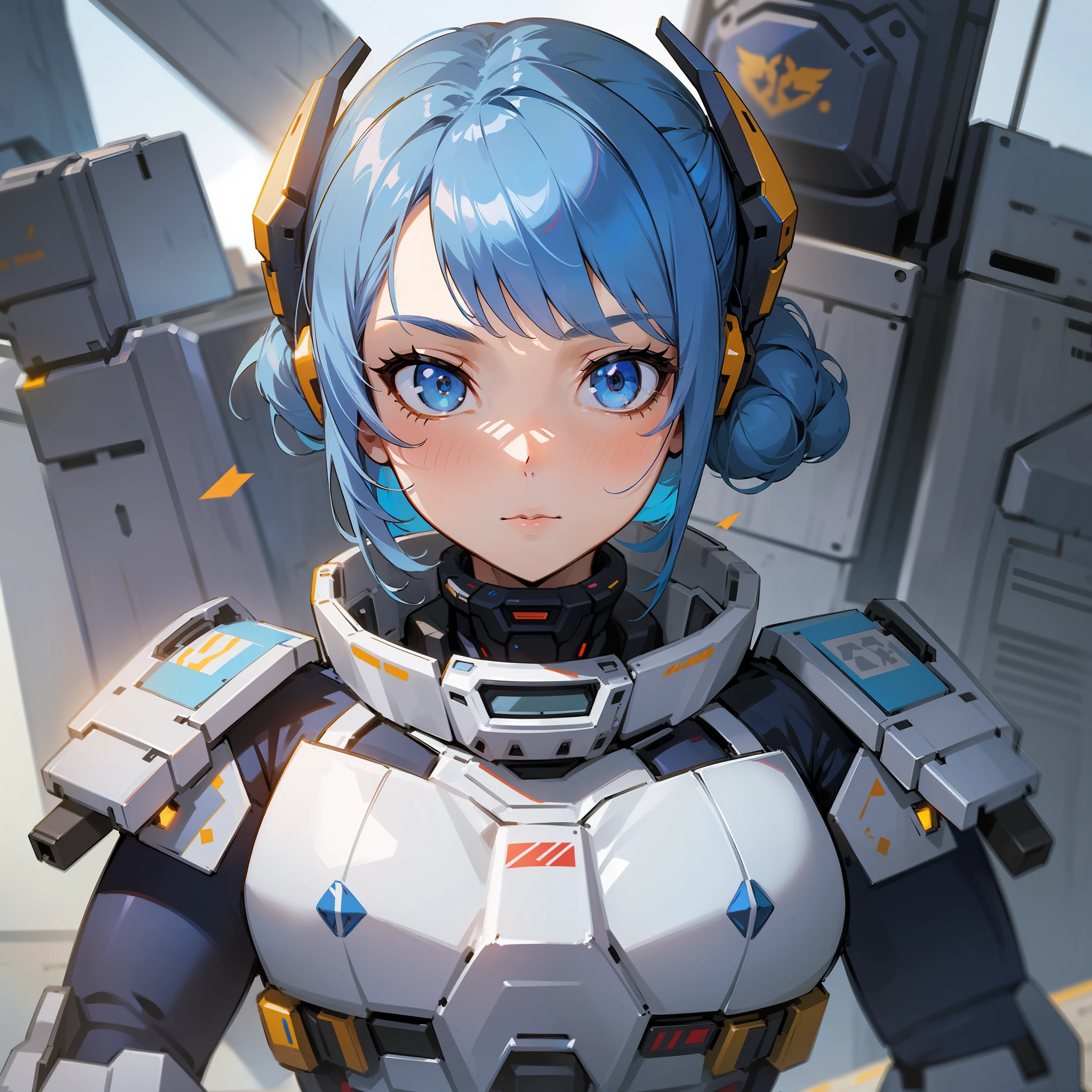Close up of a woman holding a gun on a space station, a girl in mechanized Valkyrie, a girl in mecha cyber armor, a portrait armored astronaut girl, a female mecha, a full robot!! girl, portrait anime space cadet girl, white mecha, mecha suit, arasakameka, mechanized soldier girl, anime mecha armor, cyborg merchant girl, blue hair