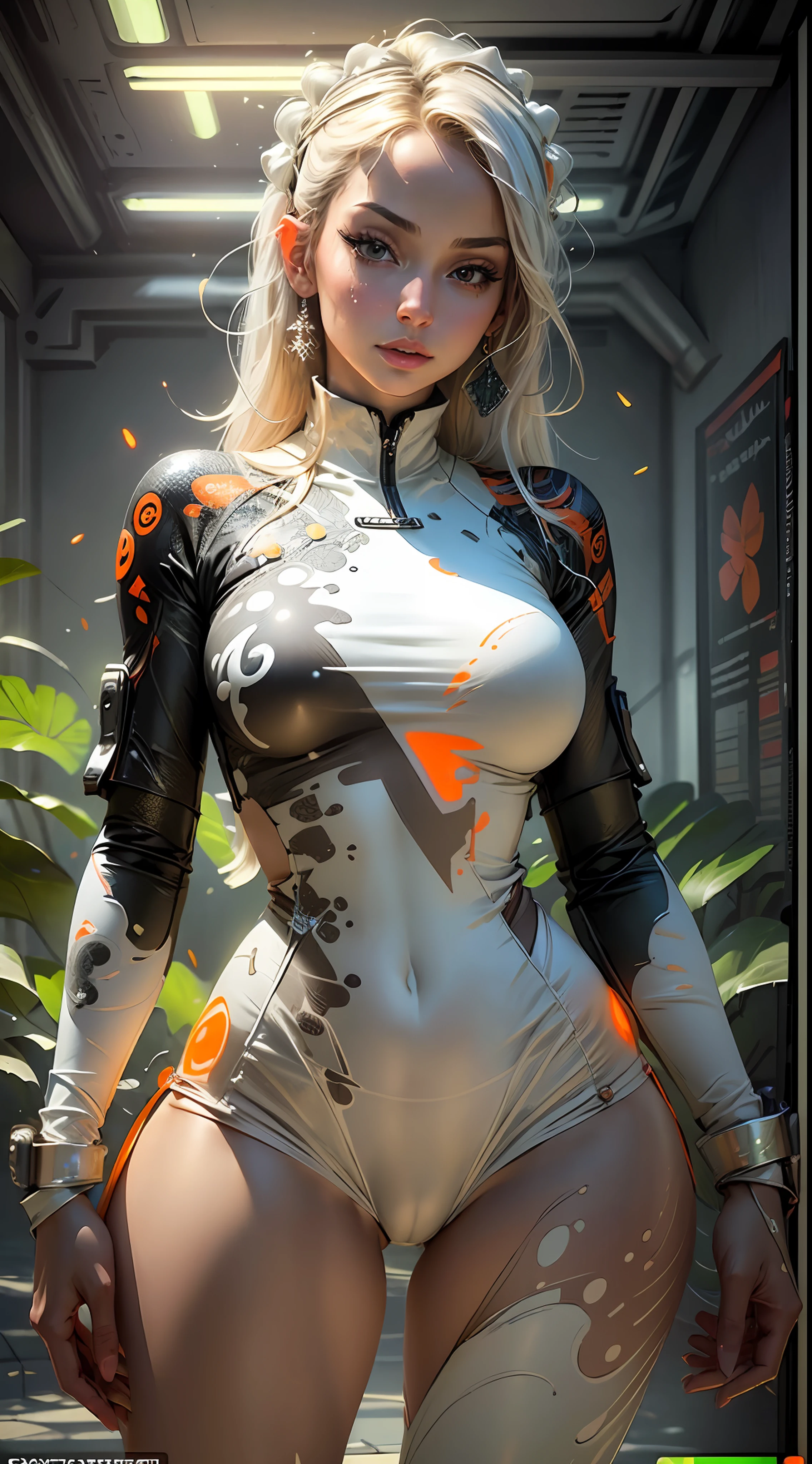 ((best quality)), ((masterpiece)), ((realistic)), (detailed), reflective luminous white:1.5, texture glossy orange:1.3, 1beautiful young woman with sticky jumpsuit (cameltoe), sexy, top to bottom photo, lots of glow neon mushrooms, mandalas, cinematic, sharp, ray tracing, brightness, luminosity