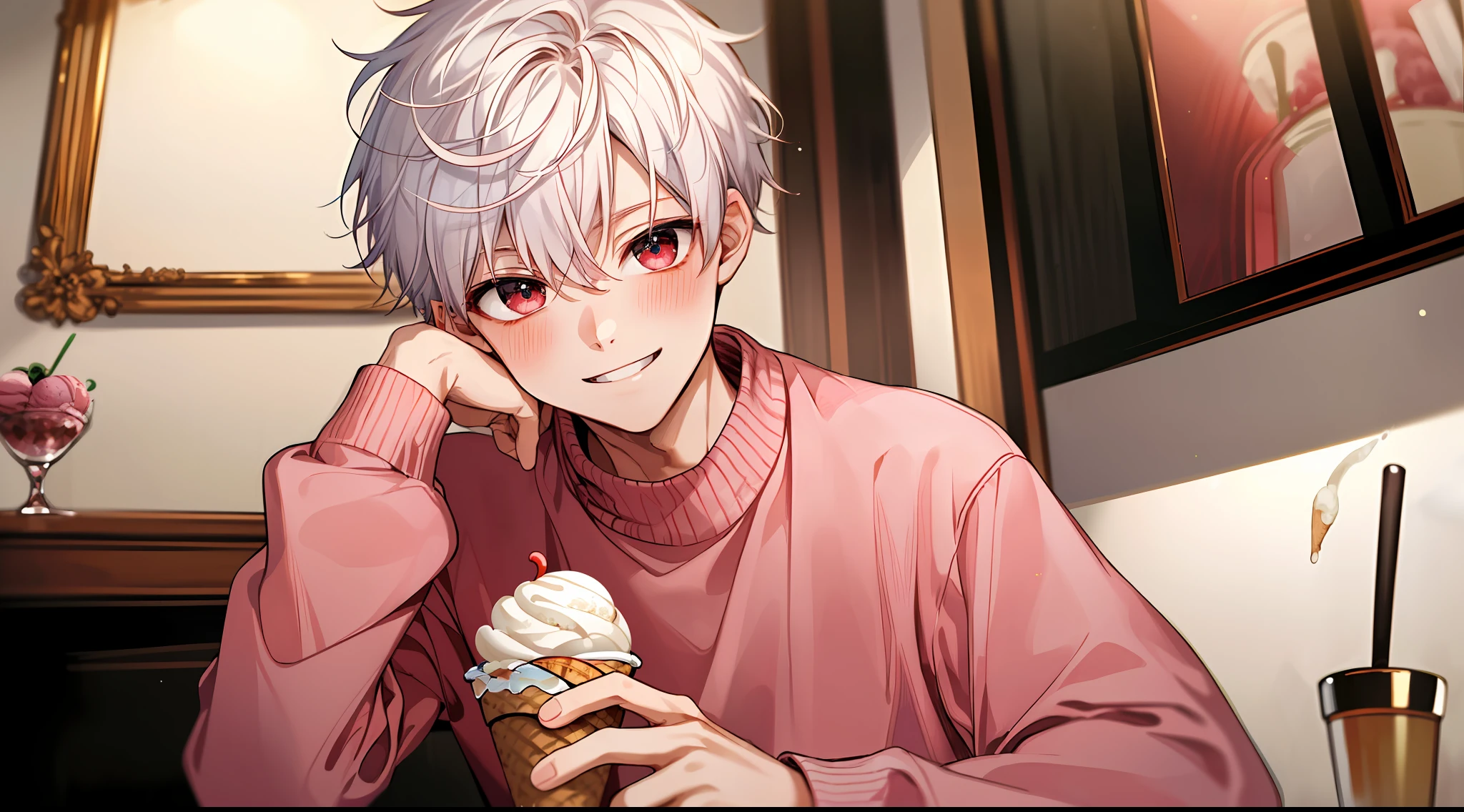 ((masterpiece)),(((best quality))), (high-quality, breathtaking),(expressive eyes, perfect face), 1boy, solo, male, short, young, small boy, short white hair, red eyes, smiling, blushing, long sleeve sweater, short shorts, indoors, eat ice cream, cute, pink, sweet, close up