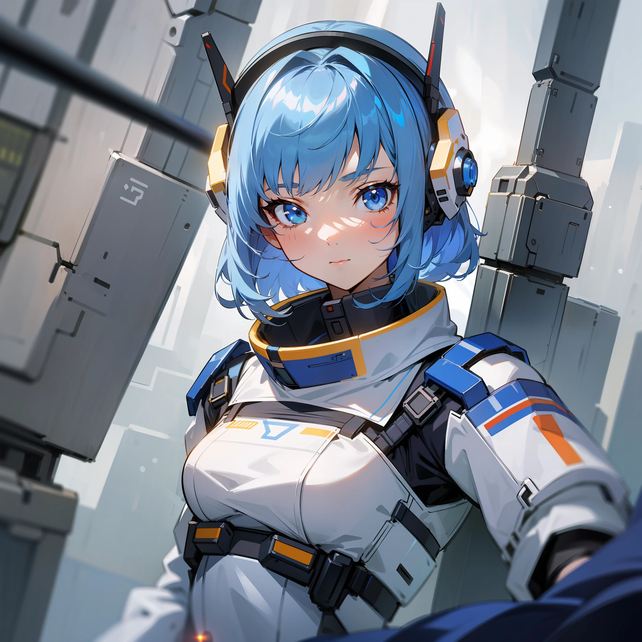 Close up of a woman holding a gun on a space station, a girl in mechanized Valkyrie, a girl in mecha cyber armor, a portrait armored astronaut girl, a female mecha, a full robot!! girl, portrait anime space cadet girl, white mecha, mecha suit, arasakameka, mechanized soldier girl, anime mecha armor, cyborg merchant girl, blue hair