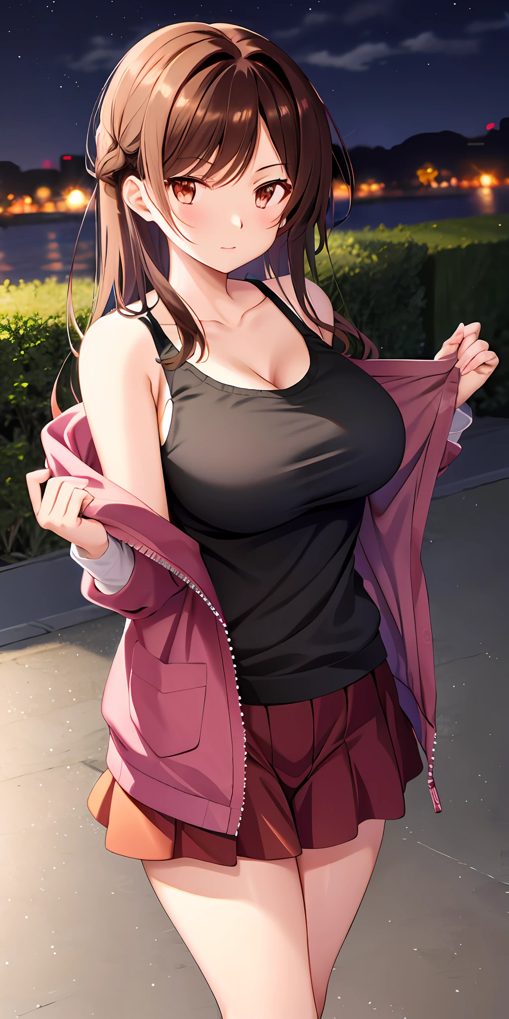 Chizuru, large breasts, thighs, unzipped jacket, tanktop, shoulders, skirt, night