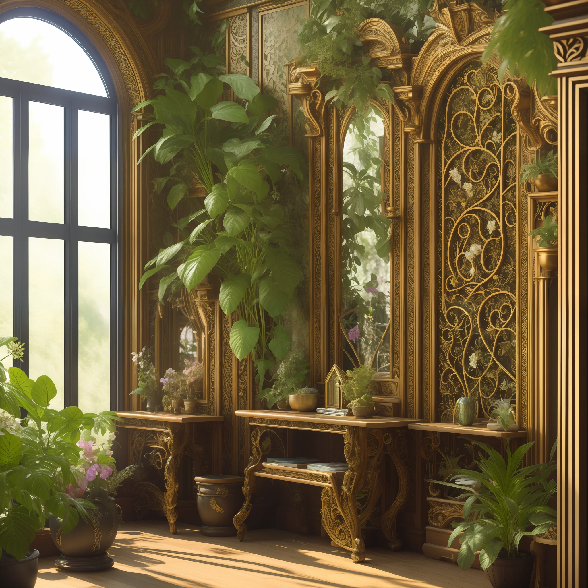 Fantasy, award-winning masterpiece with incredible details, epic quality, 4k resolution, Architectural digest photo of maximalist green {vaporwave / steampunk / solarpunk} ((elf bedroom)) with flowers and plants, golden light, carved elven furniture, mirror on the wall, walls covered with openwork carvings, photorealism, hdr