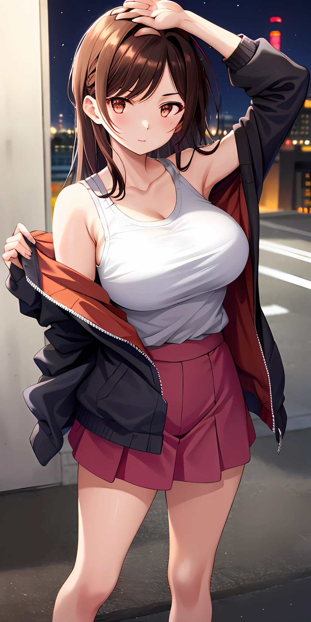 Chizuru, large breasts, thighs, unzipped jacket, tanktop, shoulders, skirt, night