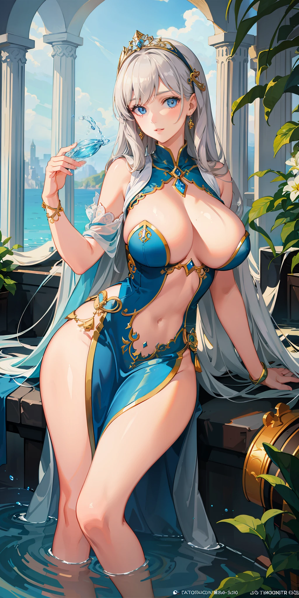 (masterpiece, finely detailed beautiful eyes: 1.2), ultra-detailed, illustration, 1girl, huge breasts, goddess of water, detailed background,not wearing anything