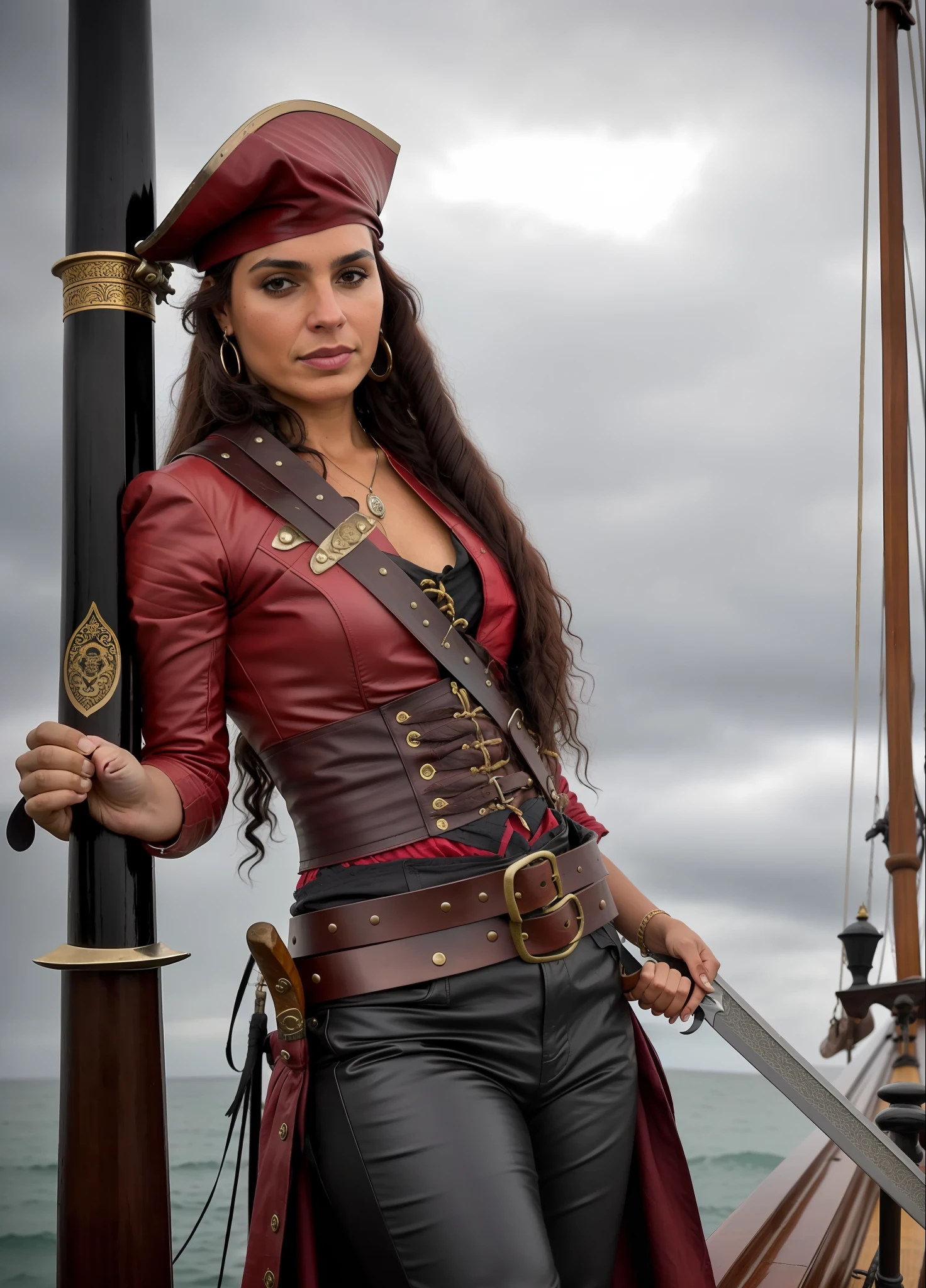 Colombian woman, pirate, antique ship, rainy day, high quality, leather clothing, long hair, wavy, ((sword)), red clothing, caravel