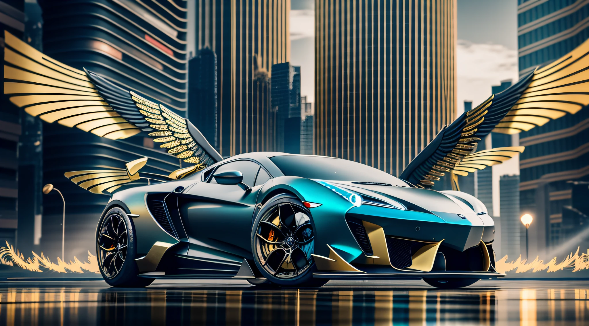 steampunk style, cool tones, cinematic effects, motion photography, Fujifilm, long exposure, futuristic black and gold supercar, sports car flanked by metallic wings, wings are feather-like, wings have mood lights, tail erupting blue flames, ambient lights, surreal sci-fi city in the background, aesthetic, 8K, top painting, concept art, epic composition with HD details, metallic texture and tension composition, hyper-realistic, ultra-realistic, detailed, 3D,