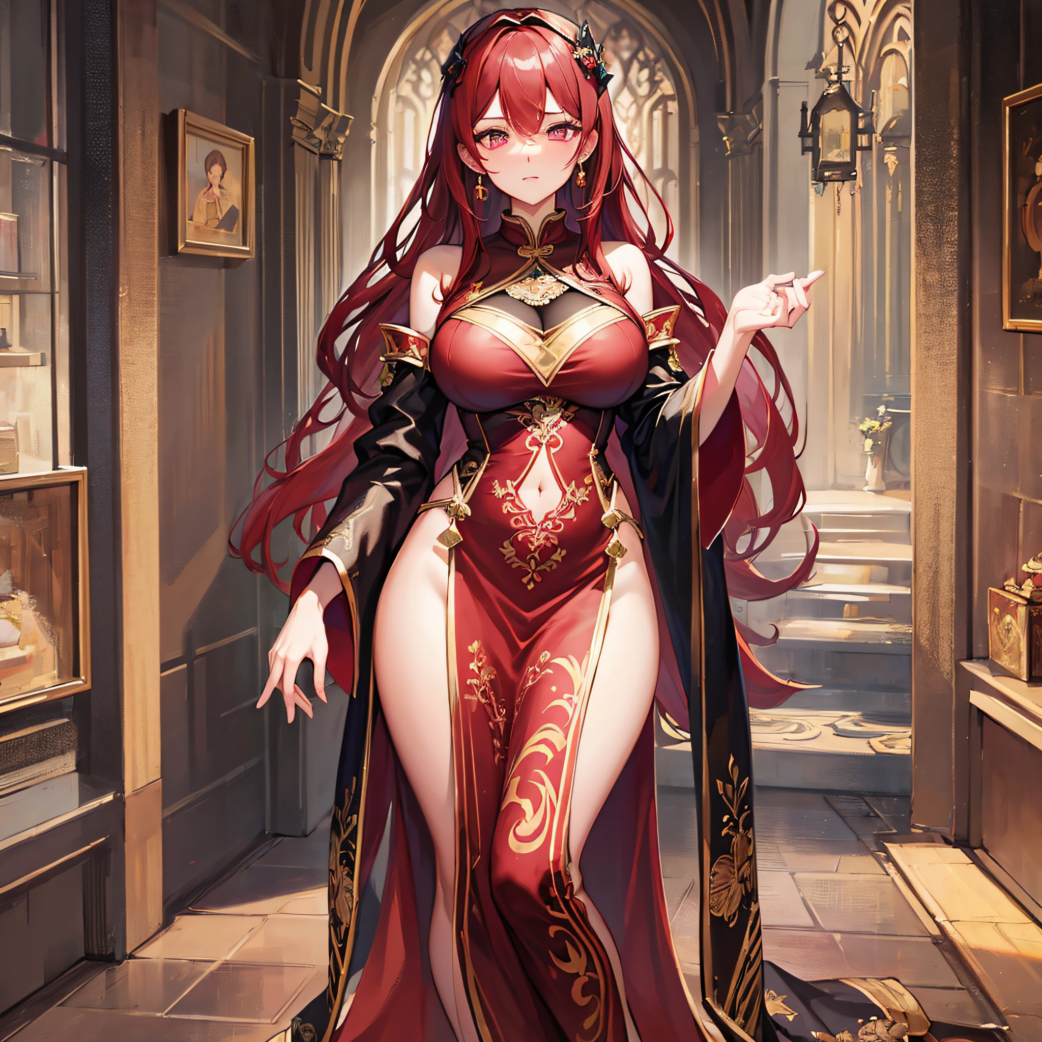 Dark Lord, brown skin, perfect slim body, mature royal sister, red hair, royal sister face, cheongsam, sexy and alluring, beautiful face, full body portrait, 4K picture quality, big body, feminine expression, blush shyness, large bust, deep eyes