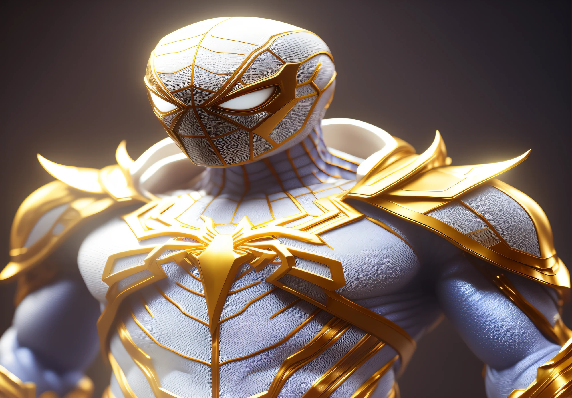 a close up of a statue of a man with a gold and white costume, super detailed render, 3 d render character art 8 k, intricate white and gold armor, full samurai armor spiderman, high detail iconic character, 8k render”, octane render ”, octane render”, super detailed octane render, super rendered in octane render, hyper detailed 3 d render, futuristic style spiderman