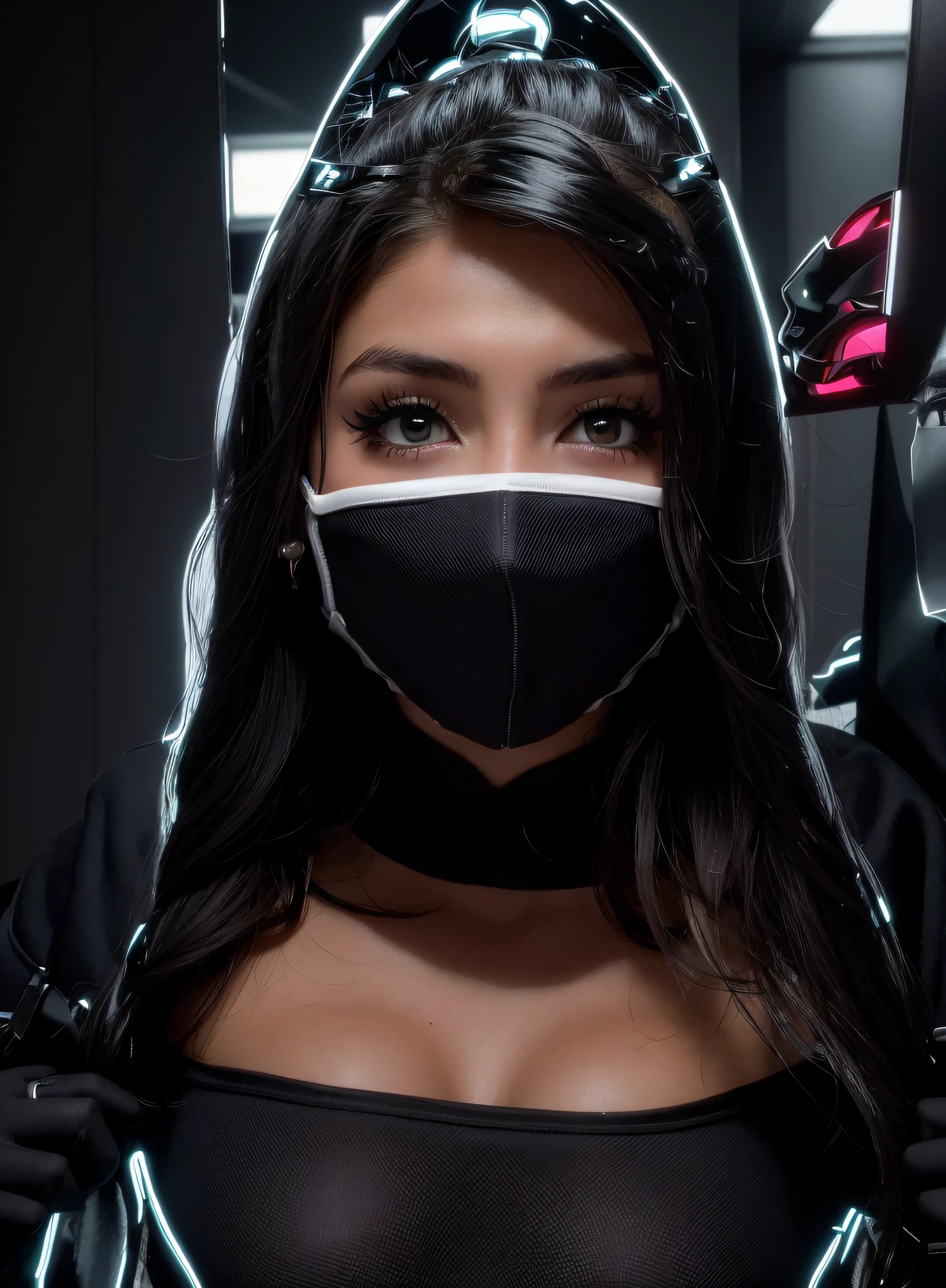 arafed woman wearing a mask with a black band around her mouth, profile picture, masked, sexy face, and - girl, e-girl