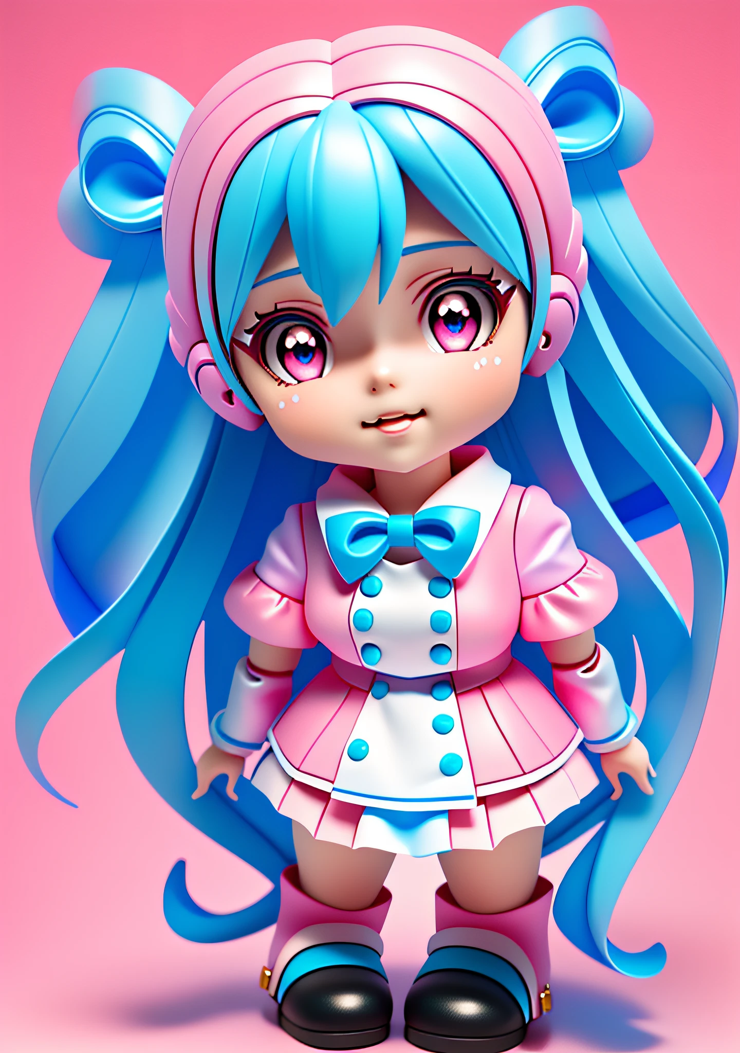 Close-up of blue hair and pink dress doll, anime style 3D, cute 3d anime girl rendering, stylized anime, cute 3d rendering, anime stylization, 3d anime girl, cute! C4D, pink double tail hair and cyan eyes, realistic anime 3 D style, 3 D rendering stylized, white socks, pink Mary Jane leather shoes