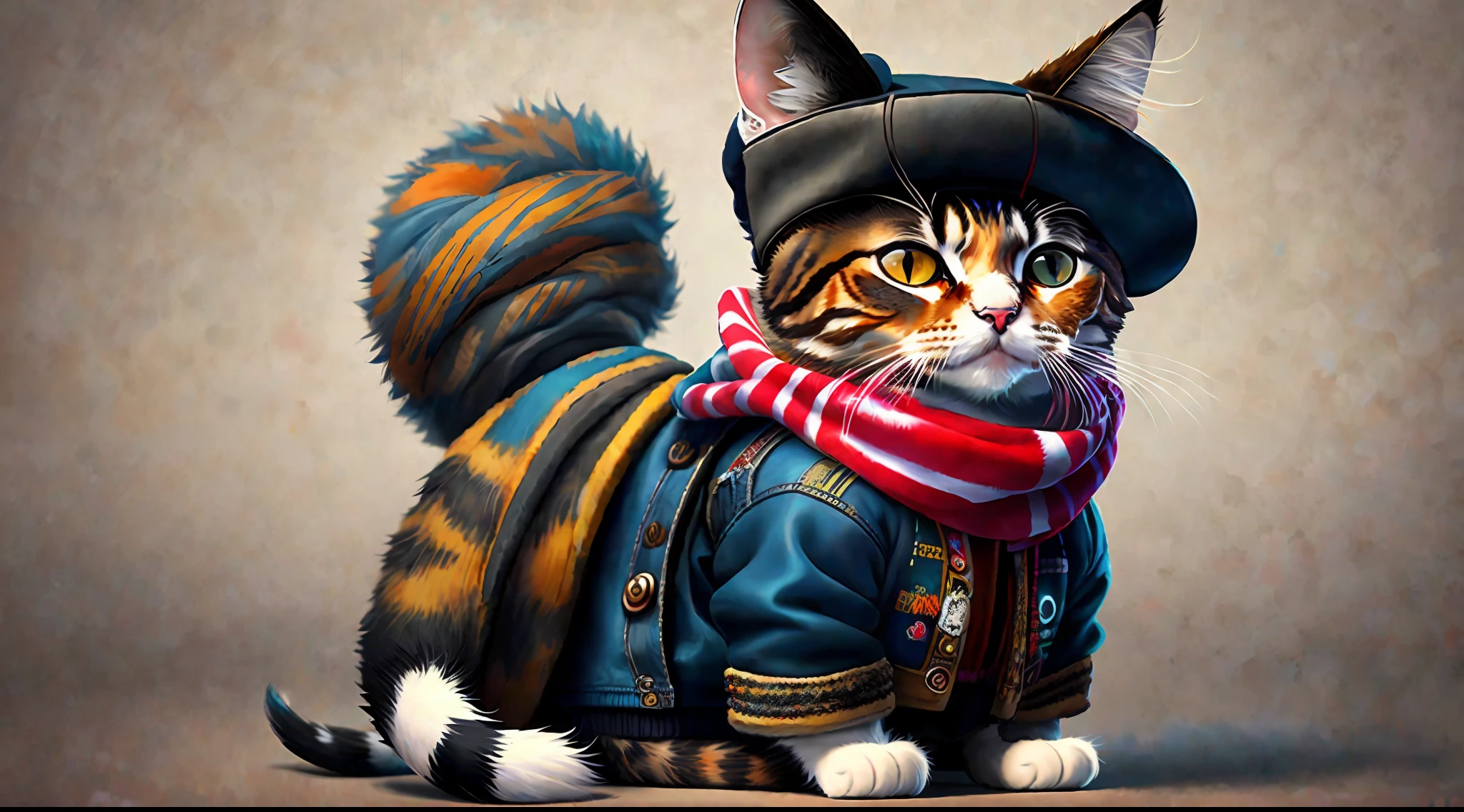 a painting of a cat wearing a hat and scarf, trend in art station, dressed in punk clothing, hyper realistic detailed render, british gang member, urban style, intimidating pose, planet of the cats, trendy clothes, urban samurai, meow, west slav features, 8 1 5