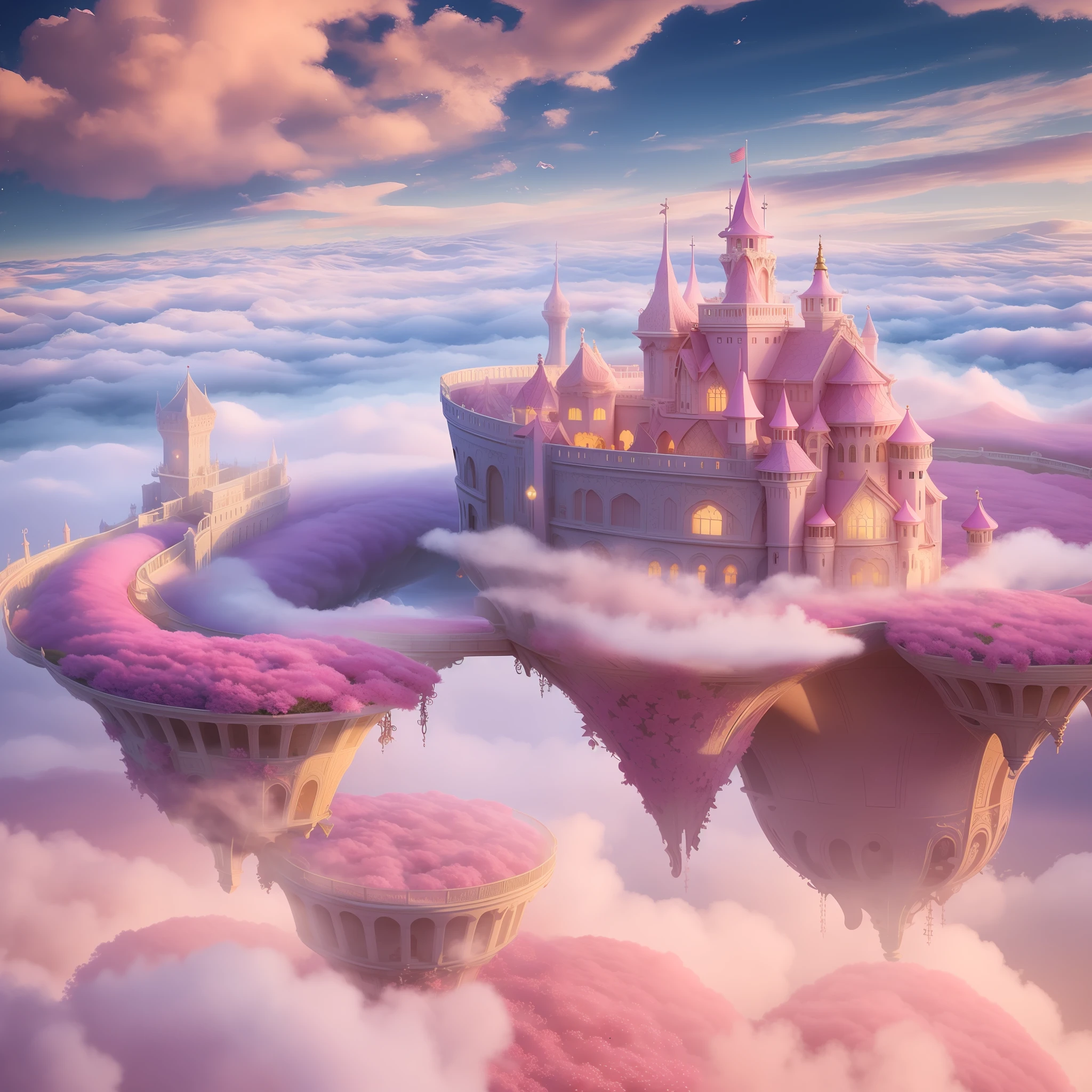 there is a ship in the middle of a sea of pink flowers, 4k highly detailed digital art, detailed fantasy digital art, beautiful detailed fantasy, cloud palace, flying cloud castle, beautiful digital artwork, in the white clouds fairyland, in white clouds fairyland, fantasy highly detailed, floating city on clouds, very beautiful digital art, surreal frozen landscape, detailed dreamscape