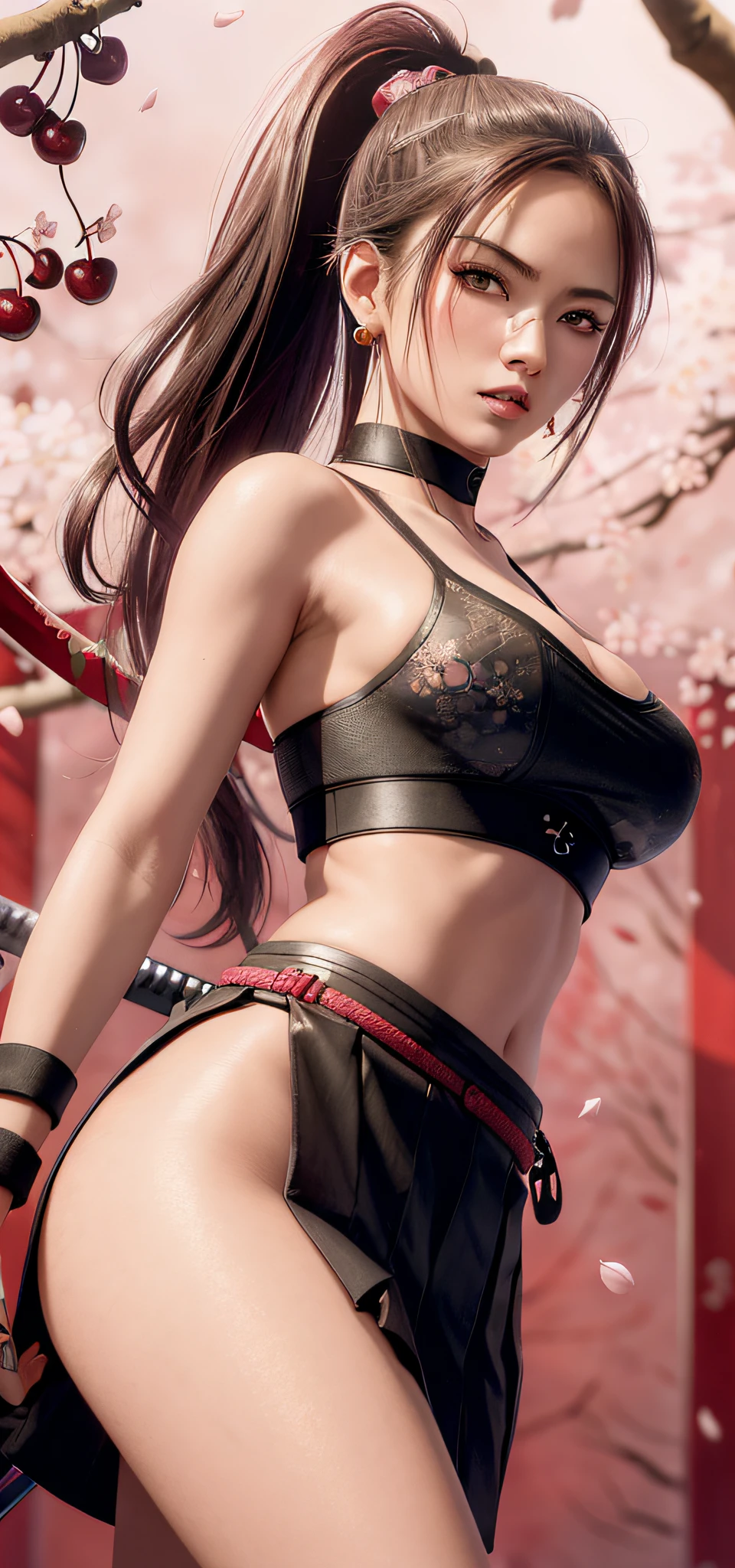 (Masterpiece, Excellent, 1girl, ((ninja warrior)), ((standing)), ((katana on the back)), solo, complex details, color difference), realism, ((medium breath)), off-the-shoulders, very large breasts, sexy, long white hair, hair above one eye, green eyes, earrings, sharp eyes, ((samurai sword on the back)), perfectly symmetrical figure, choker, mini blouse style neon top, mini skirt very short, against the wall,  brick wall, graffiti, dim lighting, alley, looking at the audience, ((medium, seductive, charming)), (((cherry blossom background)))), (((bright background in the dark)))