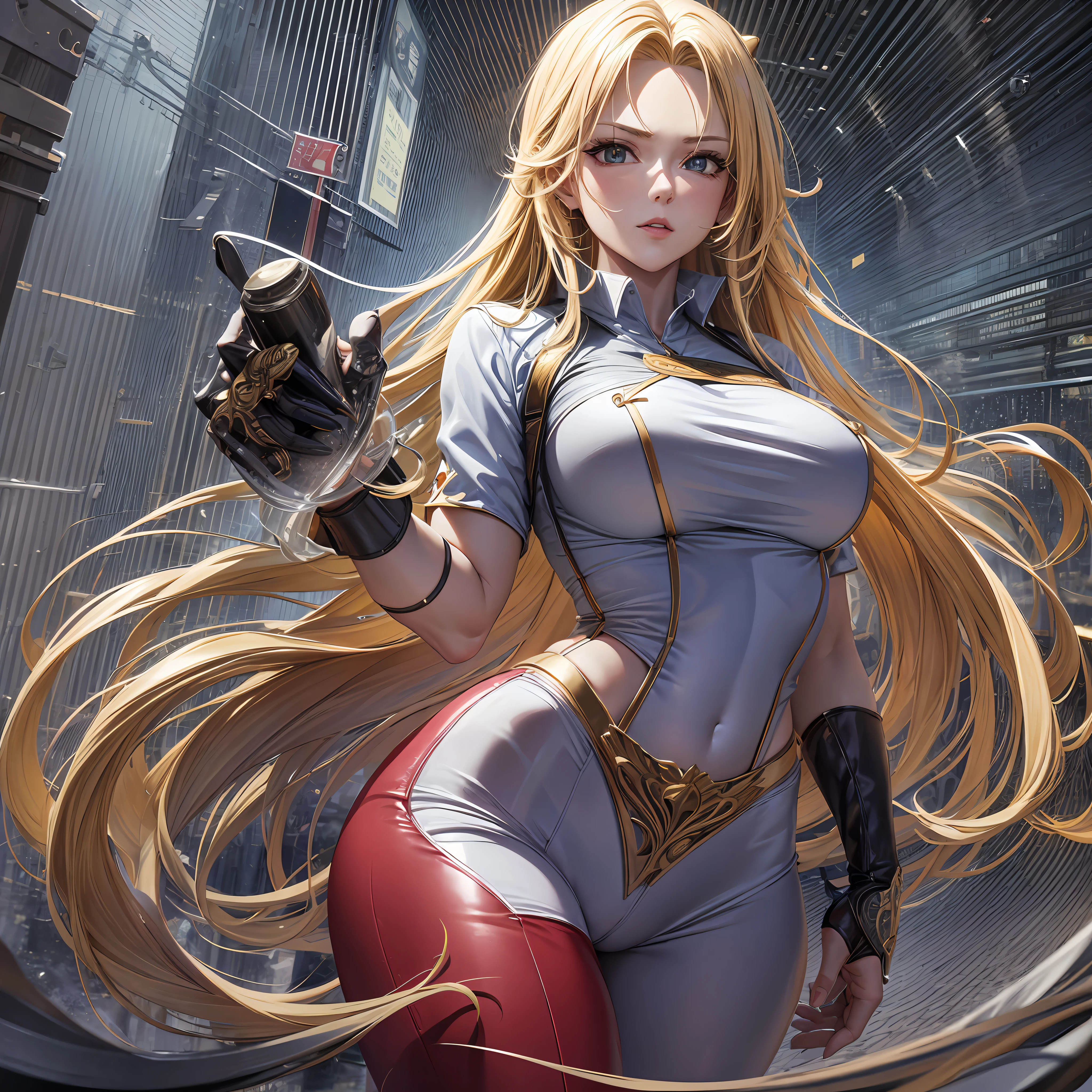 super sayajin woman long blonde hair, perfect body, wearing a sport blouse in white color, lag red pants with gold detail, large breasts, big ass, perfect silhouette, hyper detailed, rendered in 8K resolution for high quality details, perfect anatomy, hands with 4 fingers and 1 thumb, rendered in 8K resolution for high quality details, 8K image quality, 8K high resolution image, hyper detailed, super realistic, intricate details --auto --s2