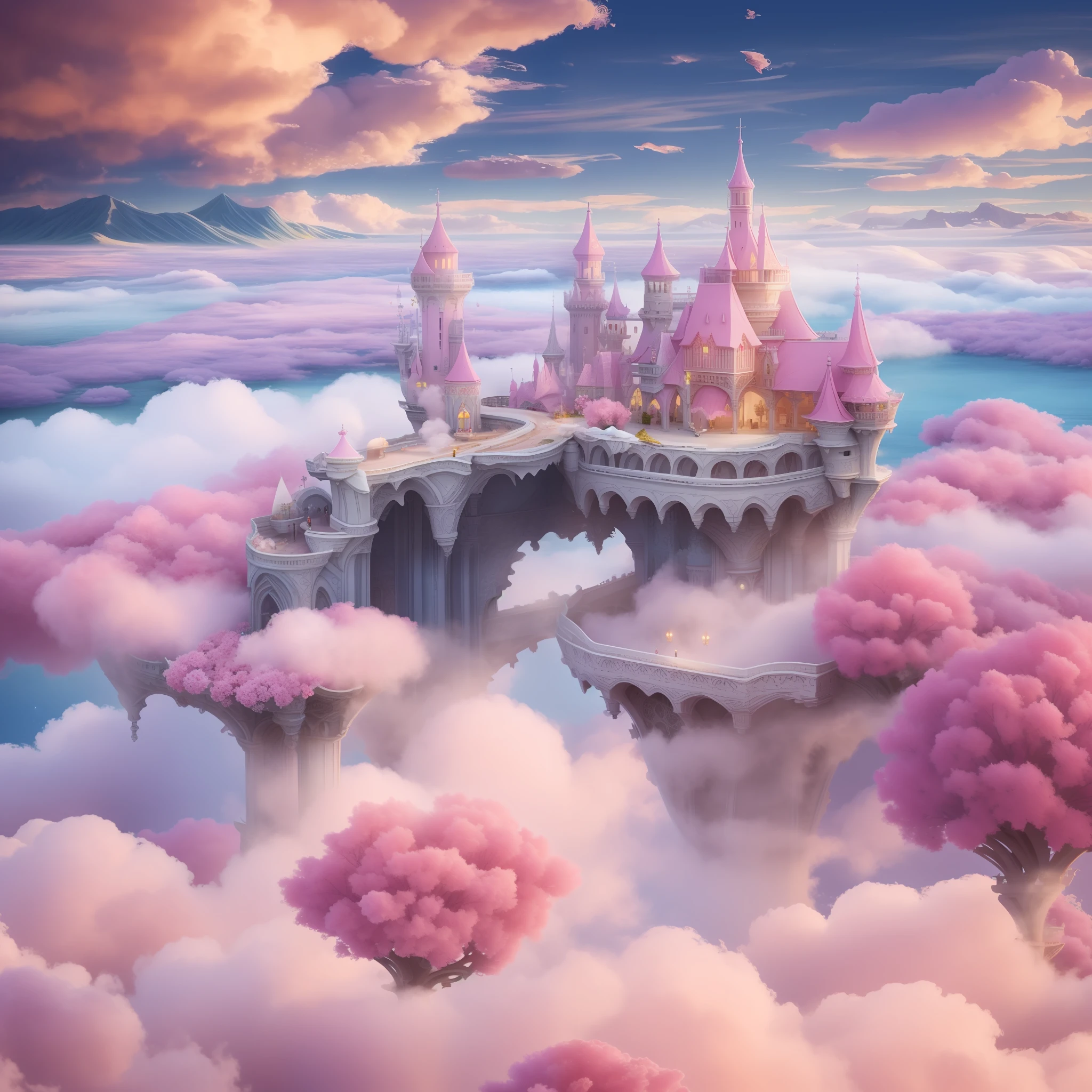 there is a ship in the middle of a sea of pink flowers, 4k highly detailed digital art, detailed fantasy digital art, beautiful detailed fantasy, cloud palace, flying cloud castle, beautiful digital artwork, in the white clouds fairyland, in white clouds fairyland, fantasy highly detailed, floating city on clouds, very beautiful digital art, surreal frozen landscape, detailed dreamscape