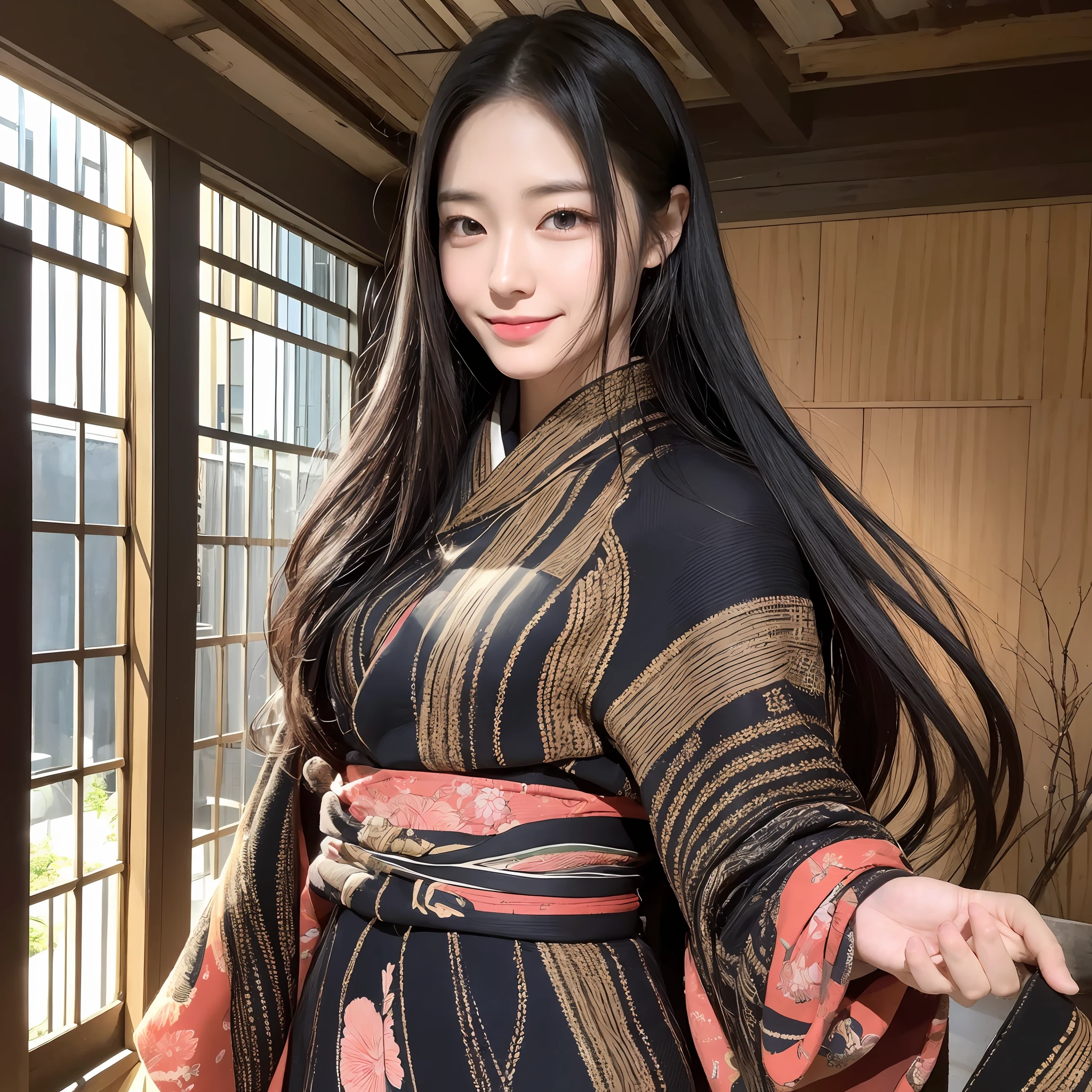 Japan man, pretty man, slender figure, long black hair, highly detailed face and skin texture, detailed eyes, double eyelids, smile, indoor --auto --s2