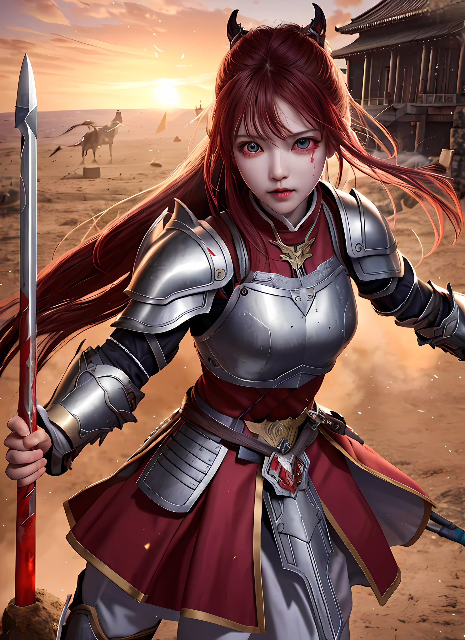 best quality, 8k uhd, dslr, soft lighting, high quality, volumetric lighting,1girl,(wh_chi_armor:1.3),(bloodshot eyes),furious,fight stance, holding spear,spear,armor dress,heroic,blood on face, blood on clothes,flying blood,horse,battlefield,red flags,smoke,sunset,