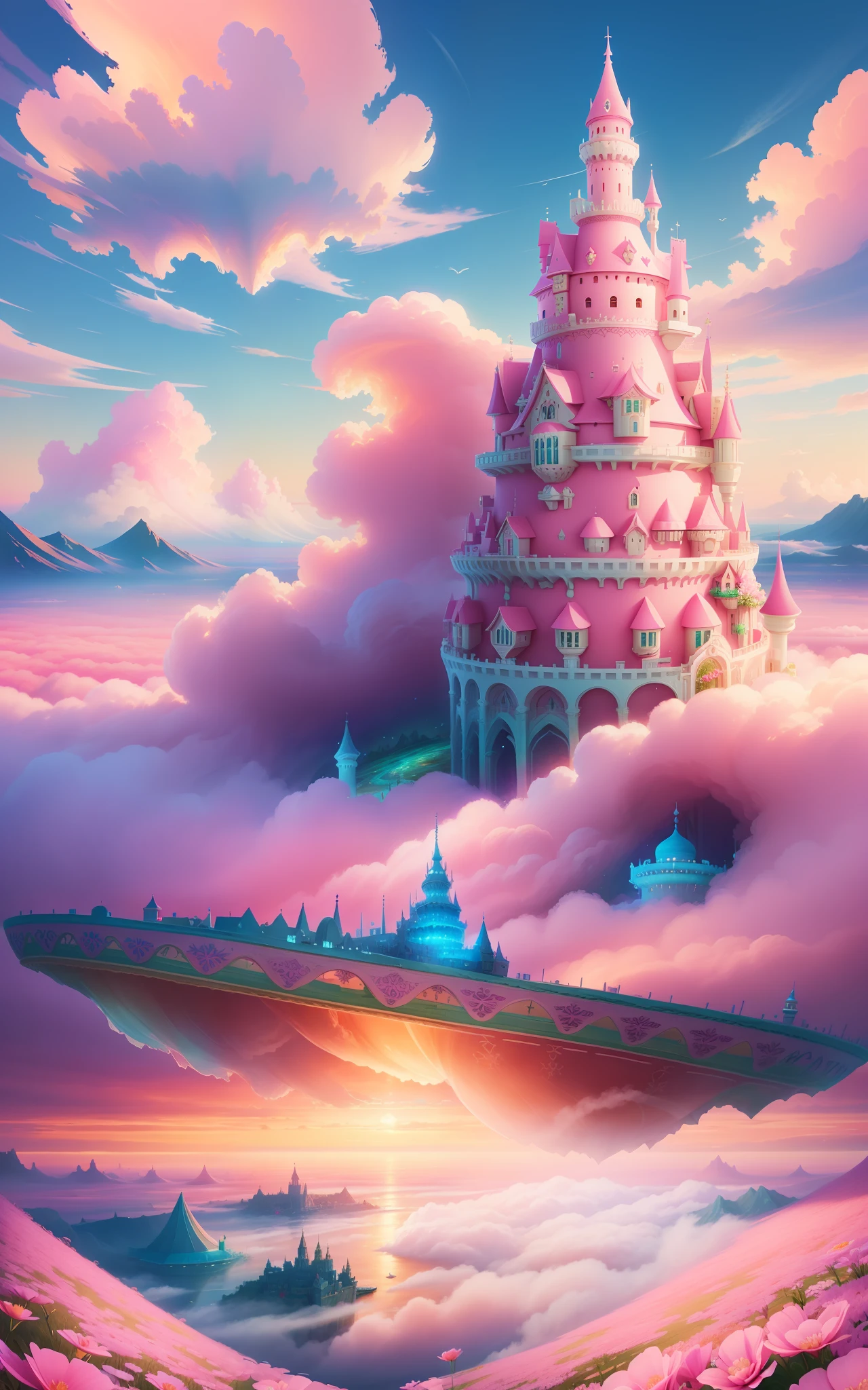 there is a ship in the middle of a sea of pink flowers, 4k highly detailed digital art, detailed fantasy digital art, beautiful detailed fantasy, cloud palace, flying cloud castle, beautiful digital artwork, in the white clouds fairyland, in white clouds fairyland, fantasy highly detailed, floating city on clouds, very beautiful digital art, surreal frozen landscape, detailed dreamscape
