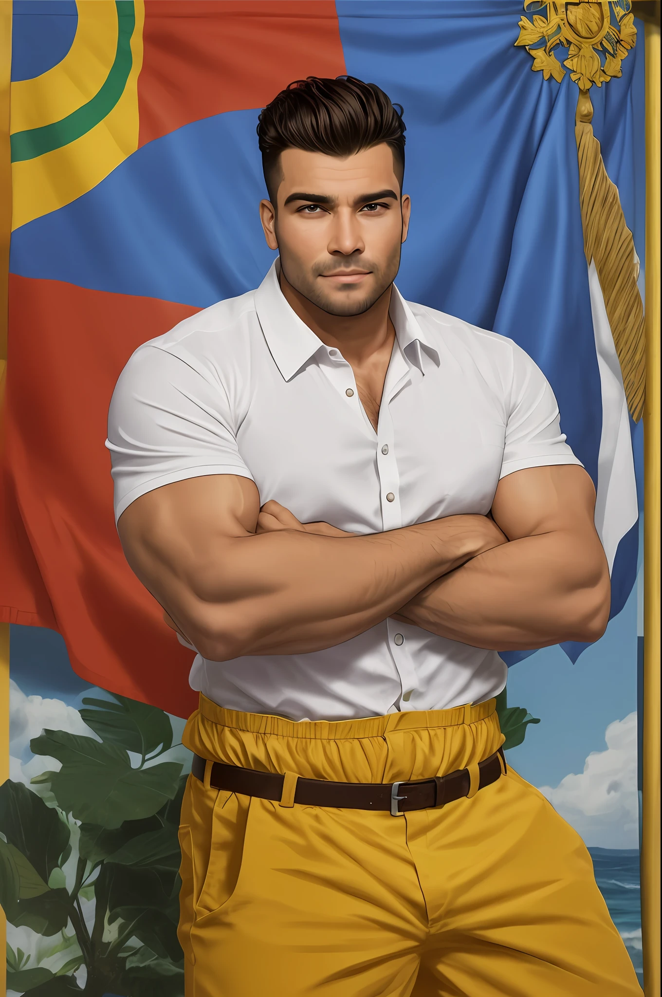 The image depicts Oberdan Rocha, mayor of Barra do Choça, Bahia. He is about 1.78 m tall, with a tall, muscular physique. One of Oberdan's most striking features is his face, which is angular, with large cheeks and a wide mouth. His hair is black, straight and short, and his eyes are sprite.

Oberdan is dressed in a white polo shirt, which highlights his brunette skin. The shirt is buttoned into the cuff, which gives an impression of formality and seriousness. He is sitting in a government environment, surrounded by people and symbols that represent the administration of Barra do Choça.

Behind Oberdan is a flag of Bahia, one of the largest and most populous federative units in Brazil. In addition, there is a panel with the name "Barra do Choça", which is the city to which he is mayor.

Oberdan's stance is confident and authoritarian, conveying a sense of leadership and determination. He has his arms crossed, which demonstrates an attitude of control and control of the situation. Oberdan's face is expressive and exudes an attitude of power, which further reinforces the image of a leader.