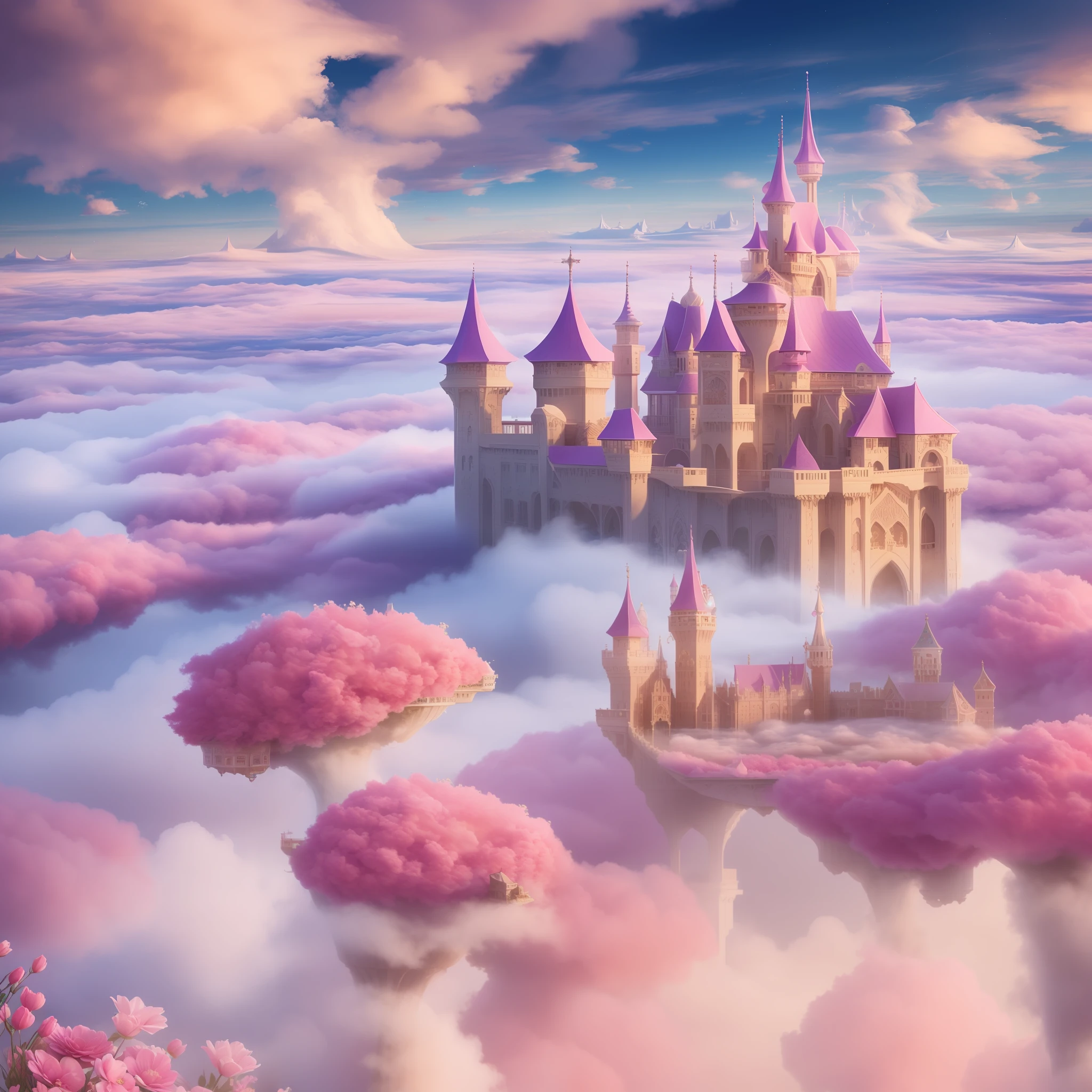 there is a ship in the middle of a sea of pink flowers, 4k highly detailed digital art, detailed fantasy digital art, beautiful detailed fantasy, cloud palace, flying cloud castle, beautiful digital artwork, in the white clouds fairyland, in white clouds fairyland, fantasy highly detailed, floating city on clouds, very beautiful digital art, surreal frozen landscape, detailed dreamscape