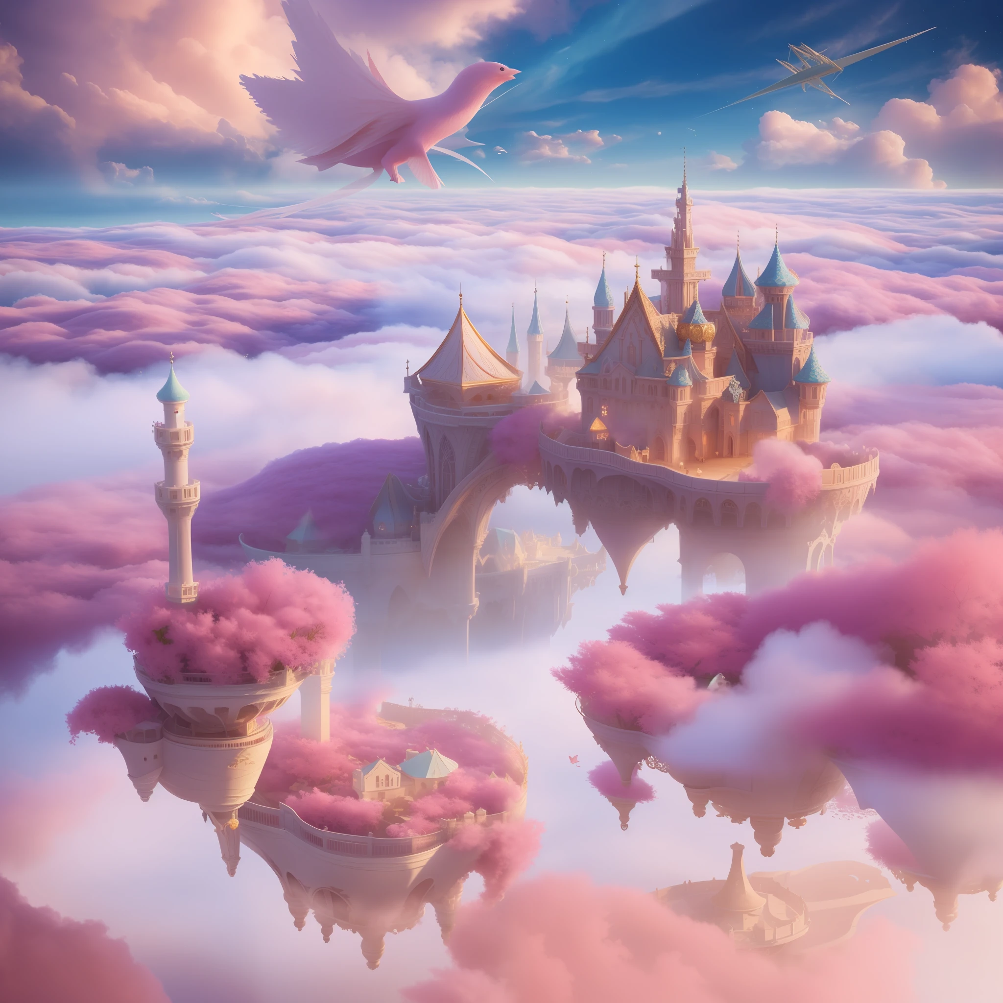 there is a ship in the middle of a sea of pink flowers, 4k highly detailed digital art, detailed fantasy digital art, beautiful detailed fantasy, cloud palace, flying cloud castle, beautiful digital artwork, in the white clouds fairyland, in white clouds fairyland, fantasy highly detailed, floating city on clouds, very beautiful digital art, surreal frozen landscape, detailed dreamscape