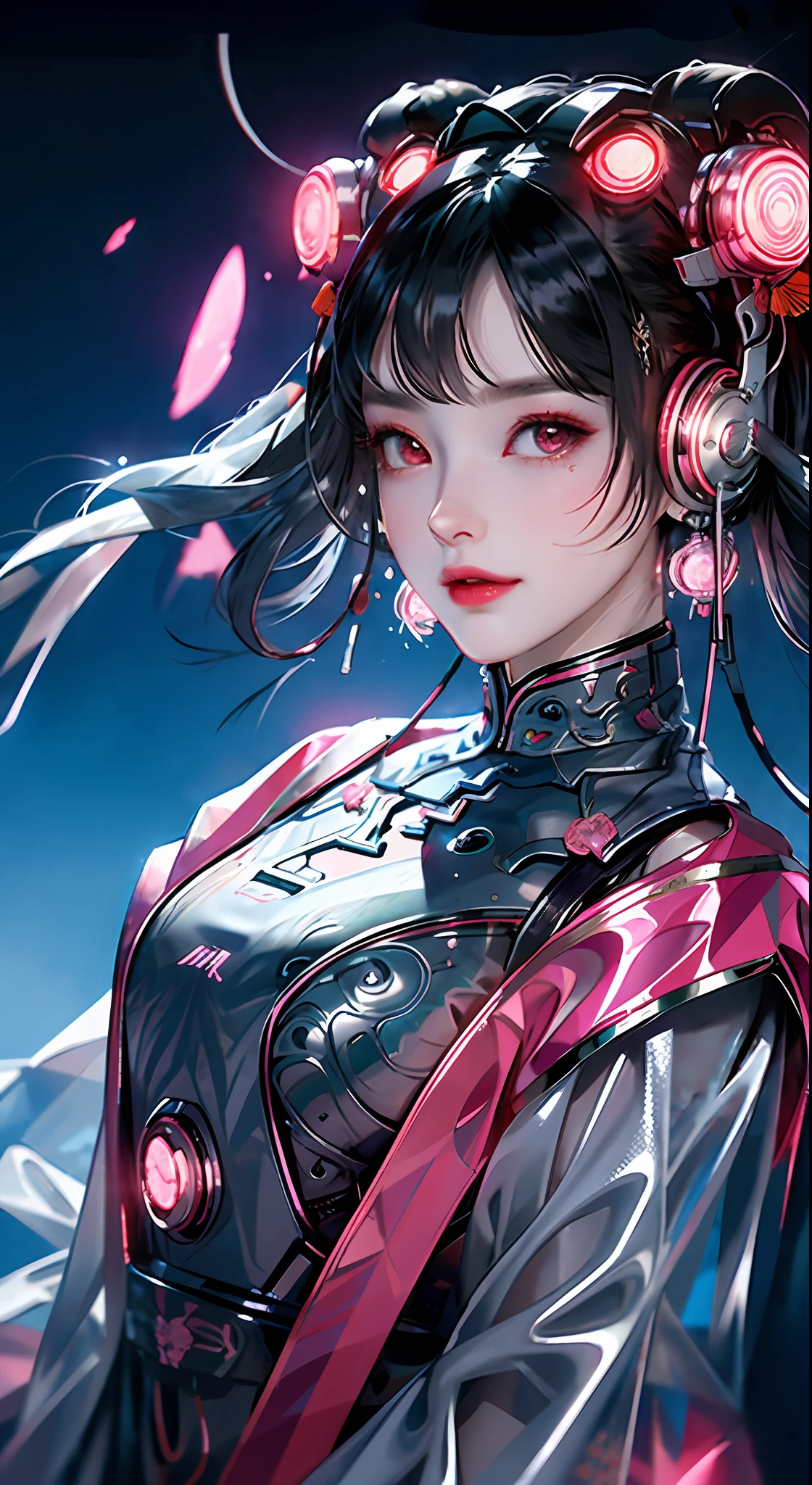 1 girl, Chinese_clothes, liquid silver and pink, cyberhan, cheongsam, cyberpunk city, dynamic pose, glowing headphones, glowing hair accessories, long hair, glowing earrings, glowing necklace, cyberpunk, high-tech city, full of mechanical and futuristic elements, futuristic, technology, glowing neon, pink, pink light, transparent tulle, transparent streamers, laser, digital background urban sky, big moon, with vehicles, best quality, masterpiece, 8K, character edge light, Super high detail, high quality, the most beautiful woman in human beings, smiling slightly, face facing forward and symmetrical left and right, ear decoration, beautiful pupil light effects, visual data, silver-white hair, glowing watch, deep eyes, happy